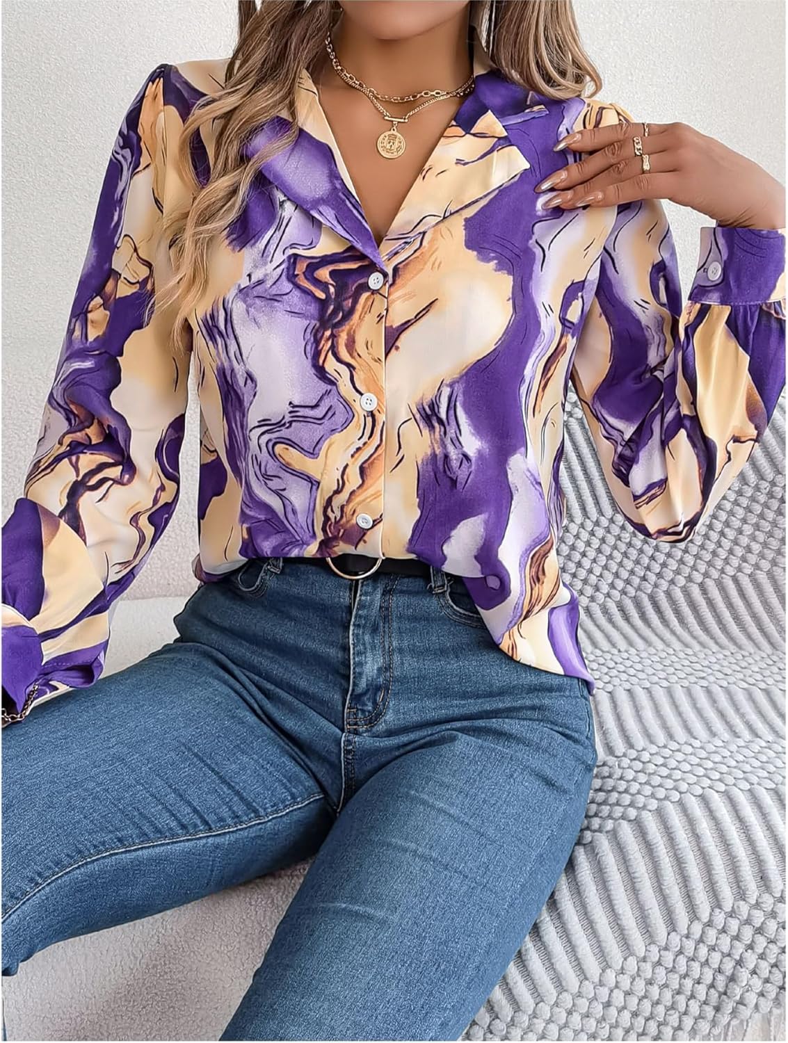 Womens Button Down Shirt Long Sleeve Floral Printed Blouse Business Casual Work Tops - Image 4