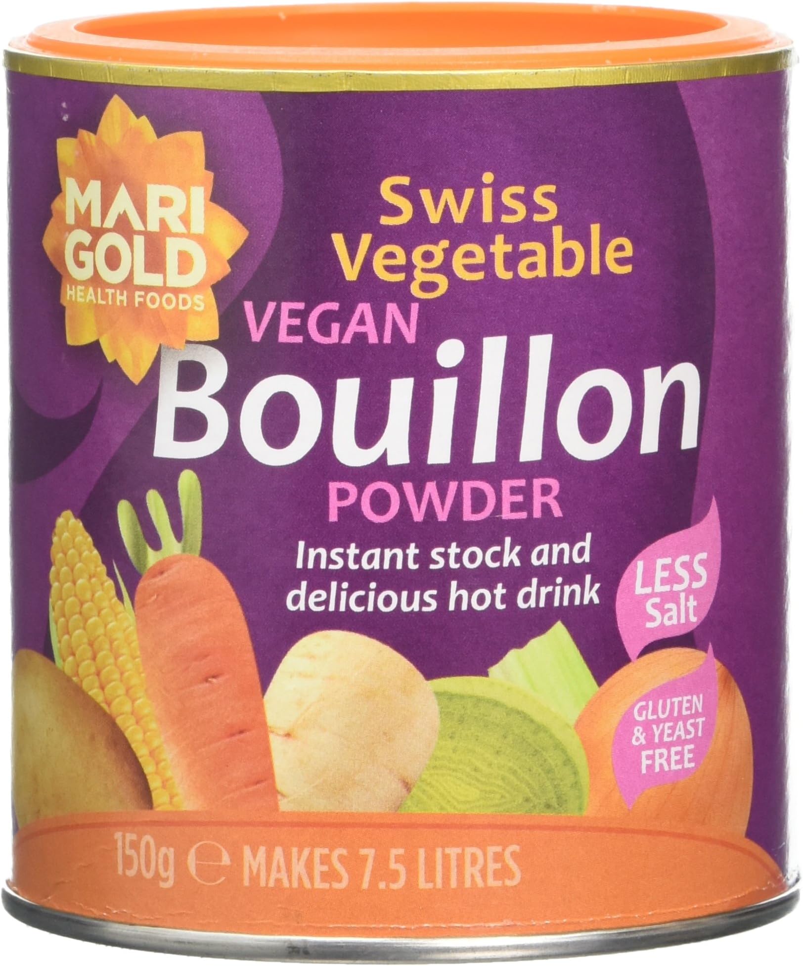 Marigold Swiss Vegetable Vegan Bouillon Powder Reduced Salt 150 g Packaged