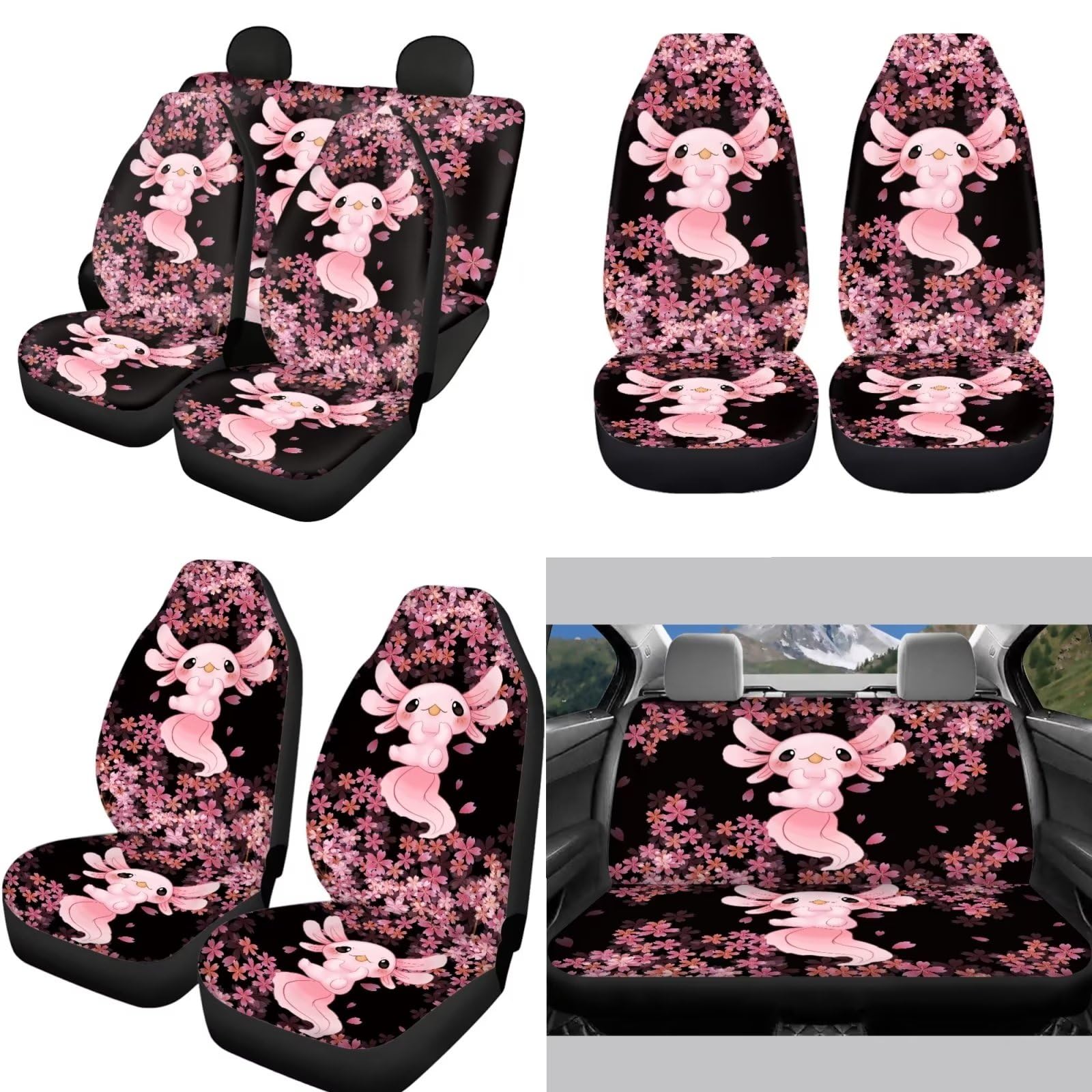 Belidome Pink Axolotl Kirschblüte 4er Set Sitzbezüge Schonbezüge Schonbezüge für Auto LKW SUV Vans, Einheitsgröße
