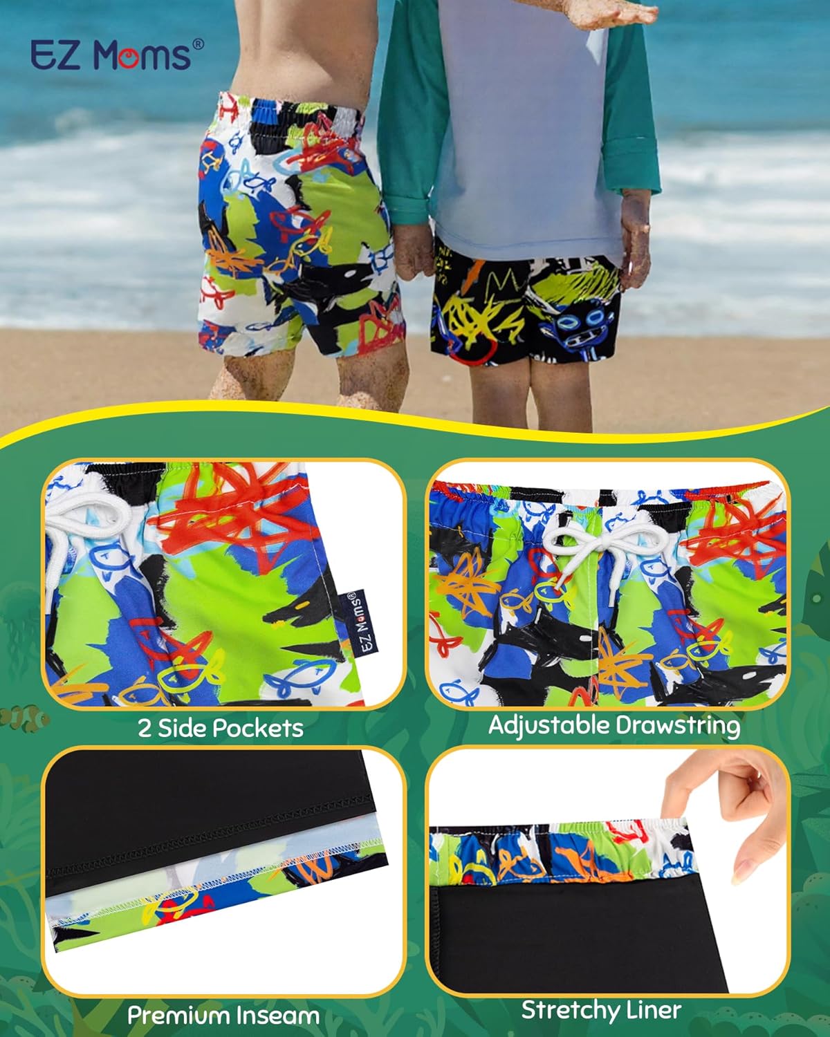 EZ Moms Boys Swim Trunks with Compression Liner Stretch Toddler Swim Shorts Quick Dry Anti-Chafe Boys Board Shorts 2-12T - Image 2