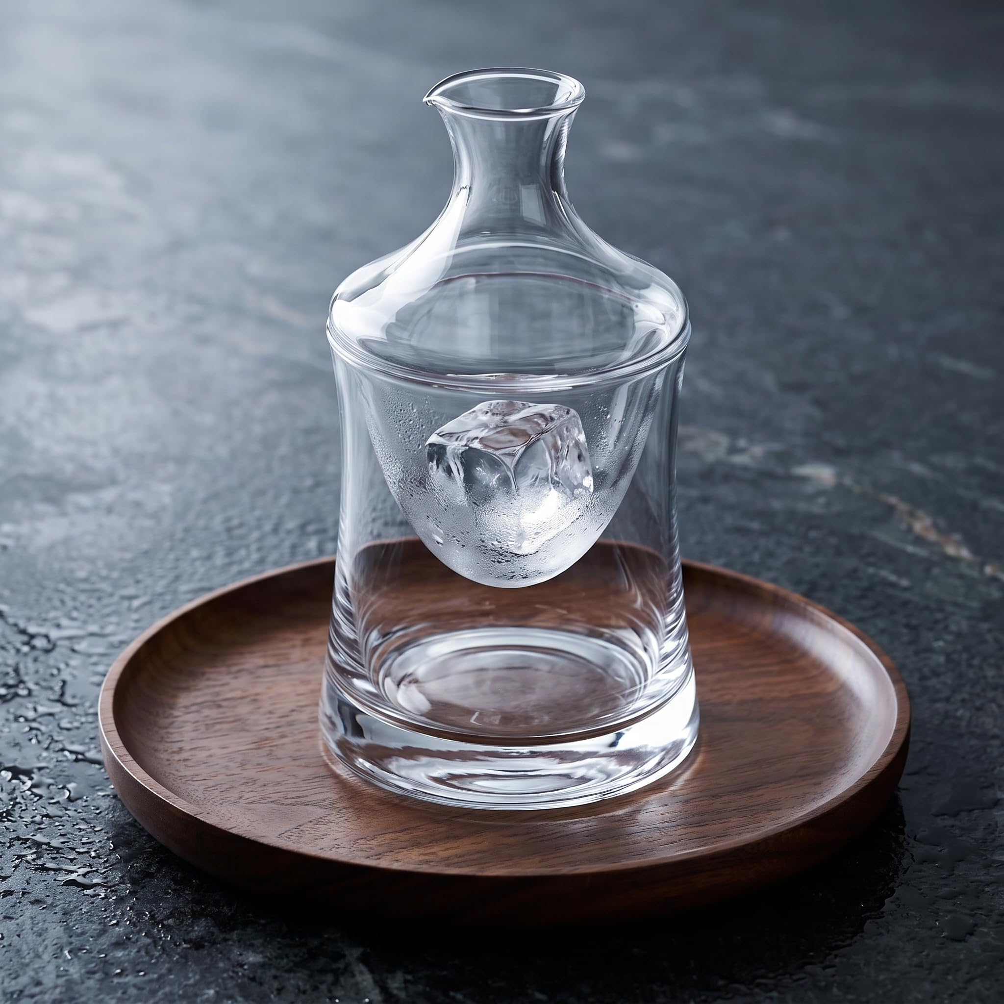 Set Sake Giapponese in Vetro Cristallo Trasparente con Caraffa e Vassoio in Legno, style to 2