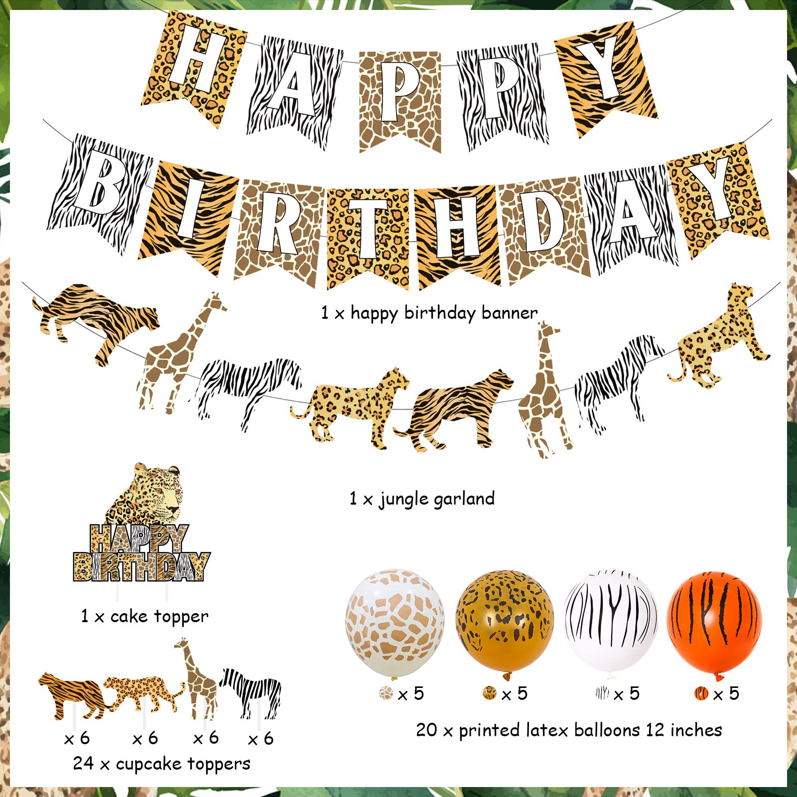 CHTENG Dschungel Tier Geburtstagsbanner - Happy Birthday Dekoration Mit Tieren, 5 M Lang, Buchstaben Ca. 20x19 Cm