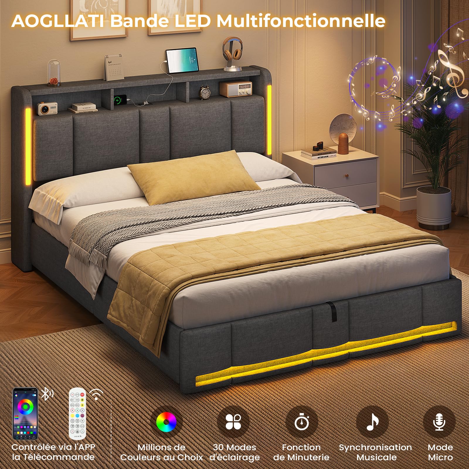 AOGLLATI Lit Coffre 160x200 CM, Lit Double avec LED et Ports USB, Cadre de lit avec Tête de Lit capitonné et Rangement, Lattes en Bois, Lin Gris Foncé(sans Matelas)