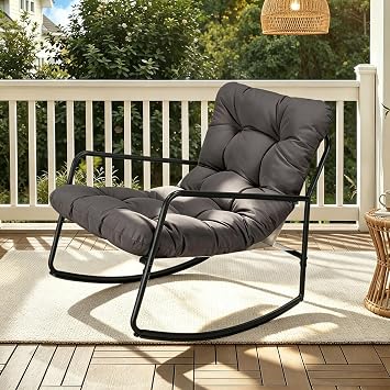 Outdoor Rocking Chair, Patio Rocking Chair with Thick Cushion | Rocking Lounge Chair for Indoor Outdoor Use, Comfy Modern Rocker Chair for Porch, Garden, Living Room