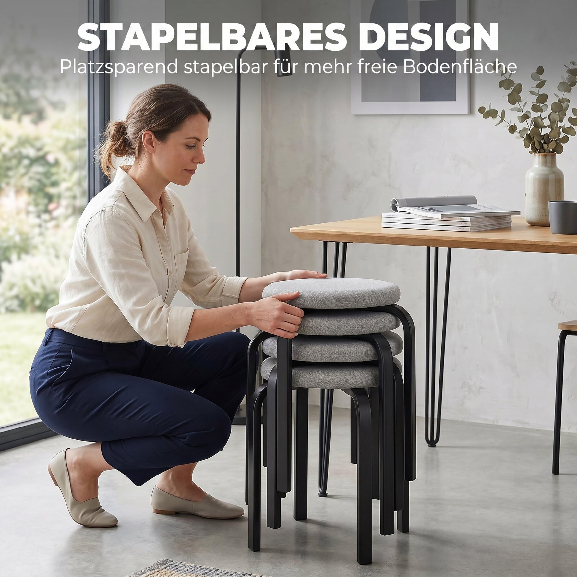 HOMCOM Esszimmerhocker 4er Set Stapelhocker mit Stahlbeinen Grau