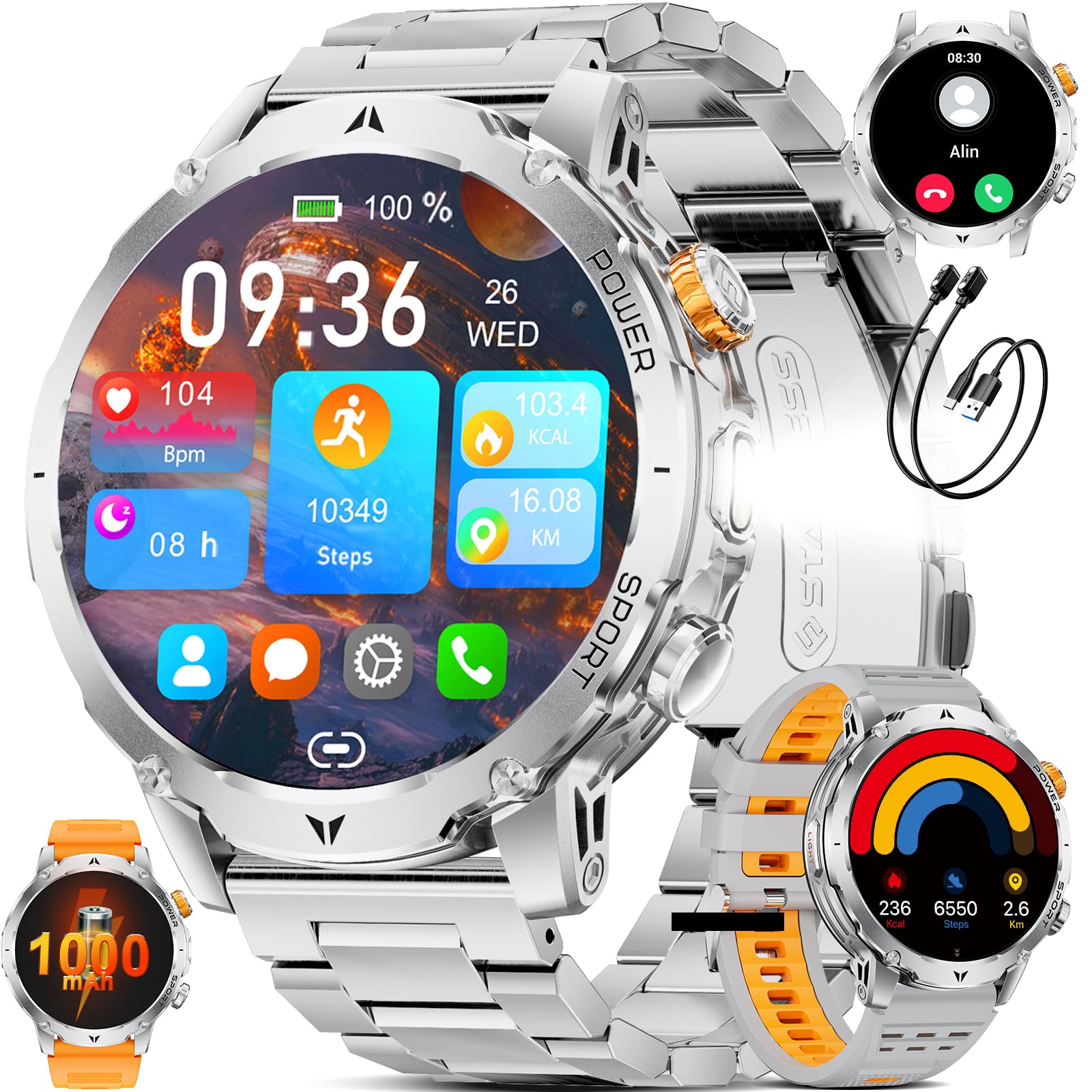 SUNKTA EF24-D Military Smartwatch displaying time, date, steps, heart rate, and battery level on a digital watch face.