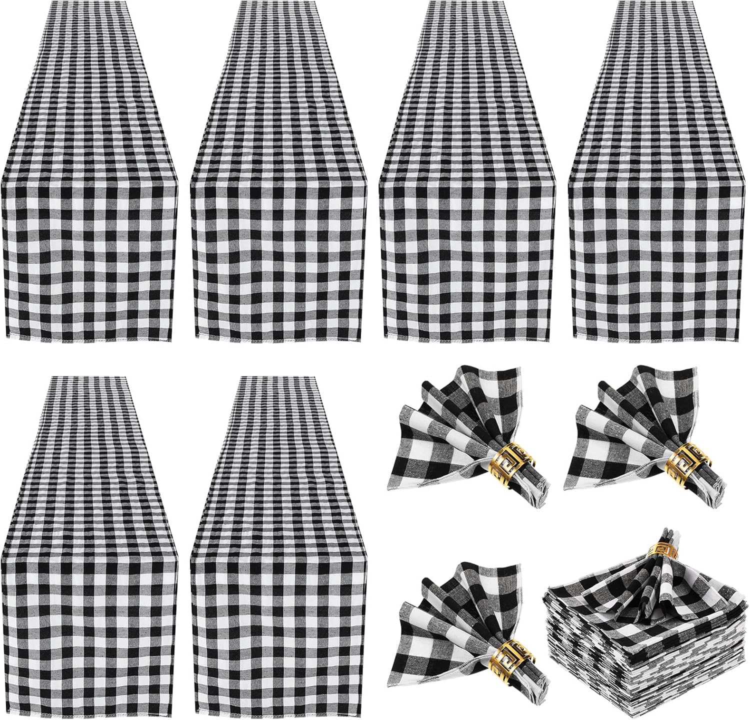 Newwiee 48 Pcs Checkered Cloth Napkin and 6 Pcs Plaid Table Runner Set, Christmas Buffalo Black and White Gingham Fabric Dinner Table Setting for Racing Car Flag Party Birthday Baby Shower Supplies