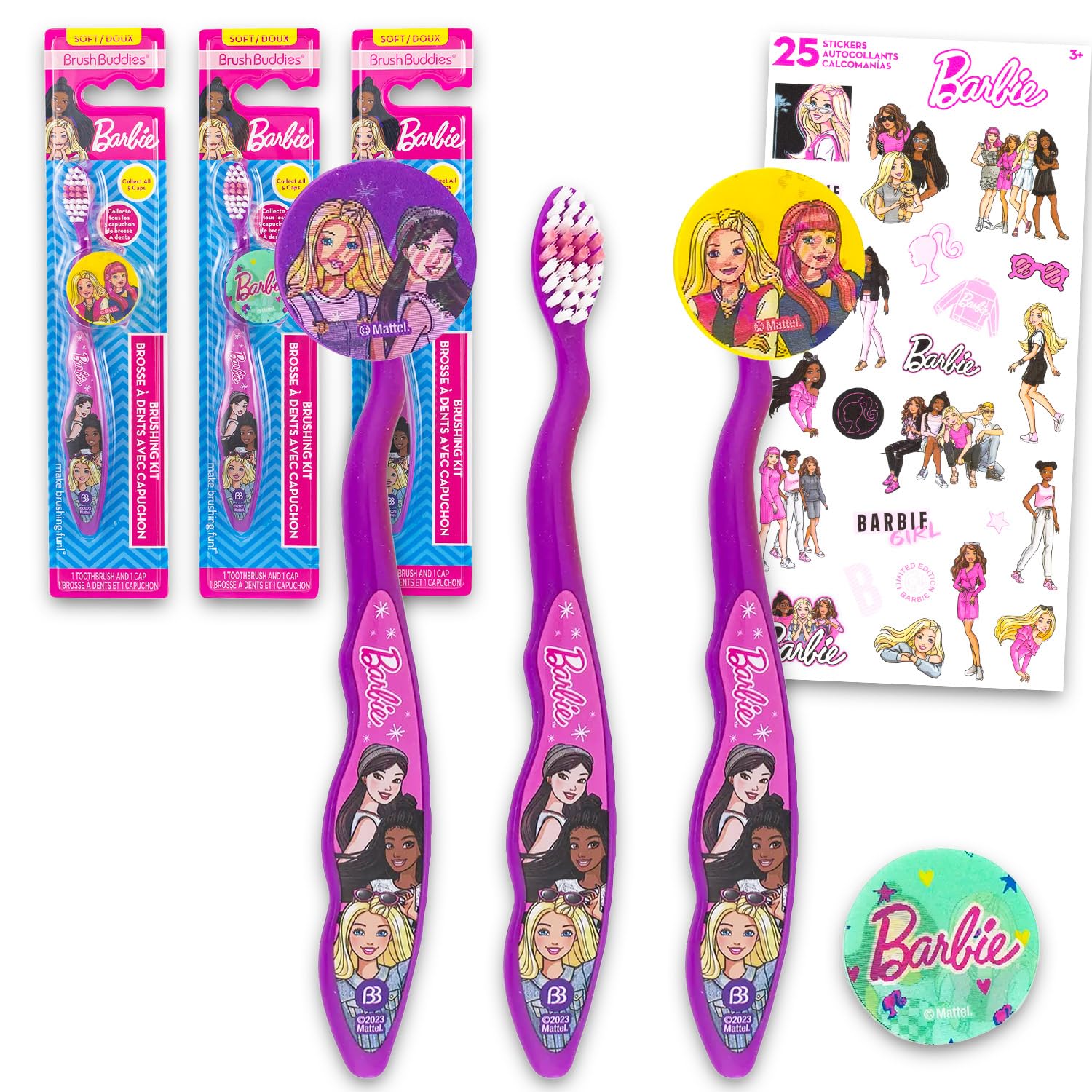 Barbie Barbie Kit de brosses à dents pour enfants – Ensemble avec 3 brosses à dents avec capuchons de collection et autocollants pour enfants, filles, tout-petits | Ensemble de brosses à dents Barbie