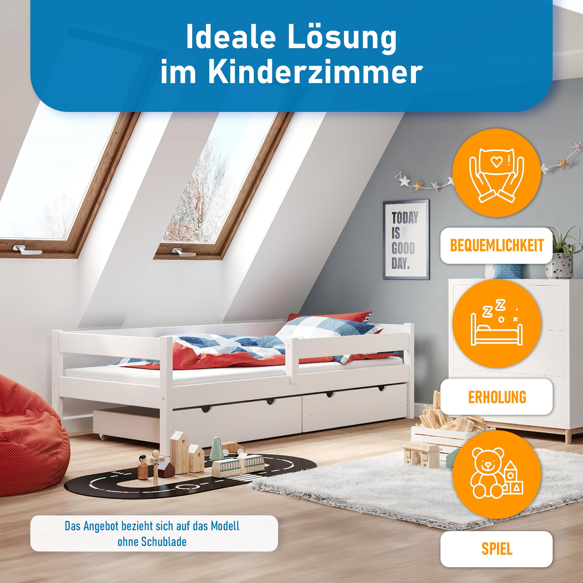 Kinderbett 90x200 cm mit Rausfallschutz & Lattenrost in Weiß, Einzelbett aus Kiefernholz für Kinder Mädchen Jungen Bett