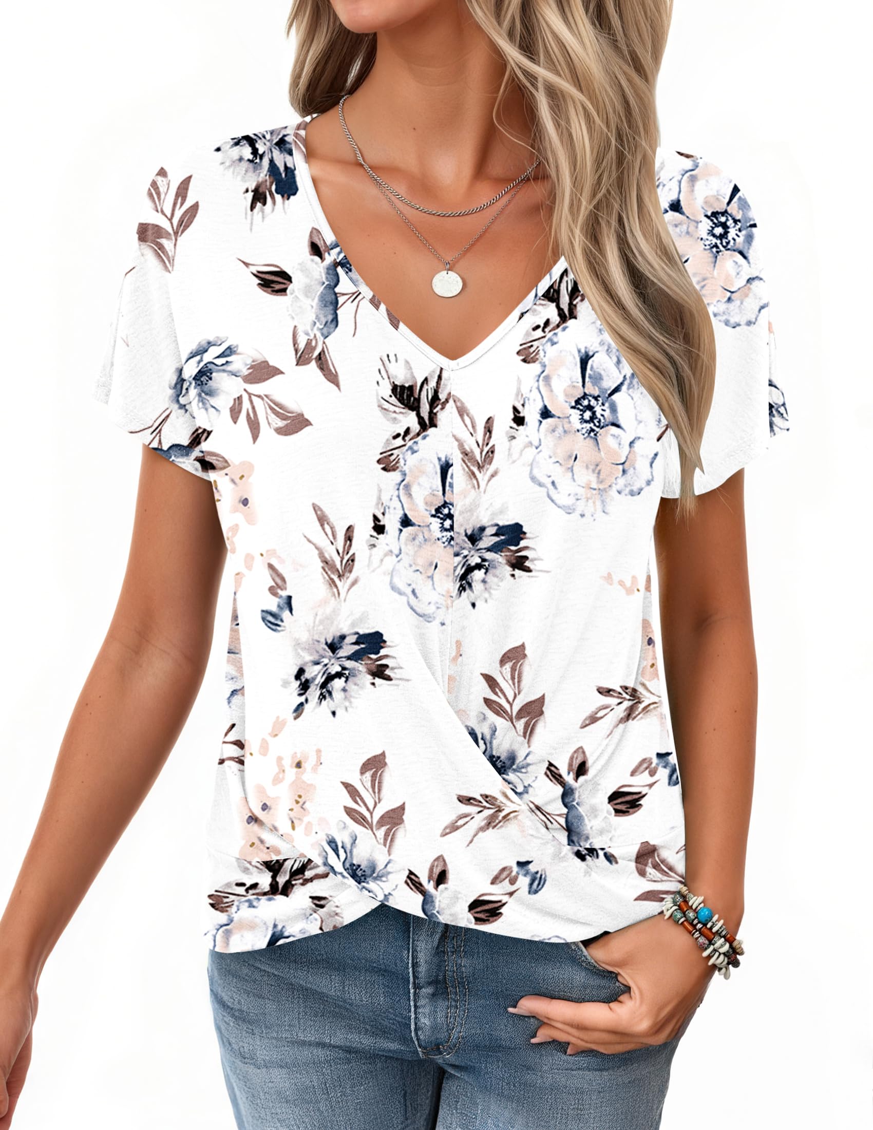 WNEEDU Tshirt Damen V Ausschnitt Kurzarm Oberteile Sommer Bluse Wickelshirt | Shirt mit knoten, elegant, basic lässige top