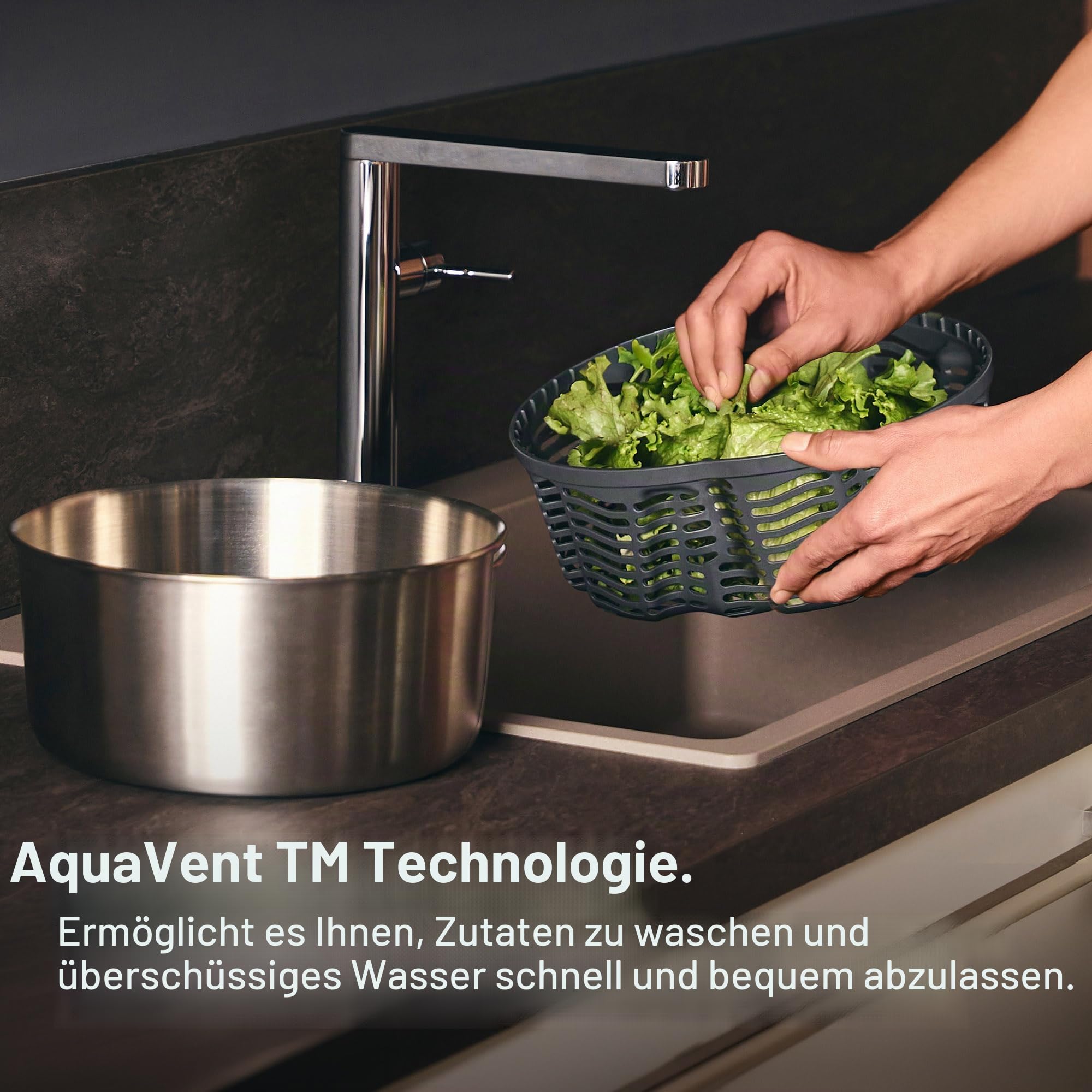 Zyliss Easy Spin Salatschleuder Edelstahl Groß, 6L, Mit Seilzug, Salatschüssel mit Deckel, BPA-frei, Rutschfester Boden, AquaVent™-Technologie, Stopptaste, Spülmaschinengeeignet