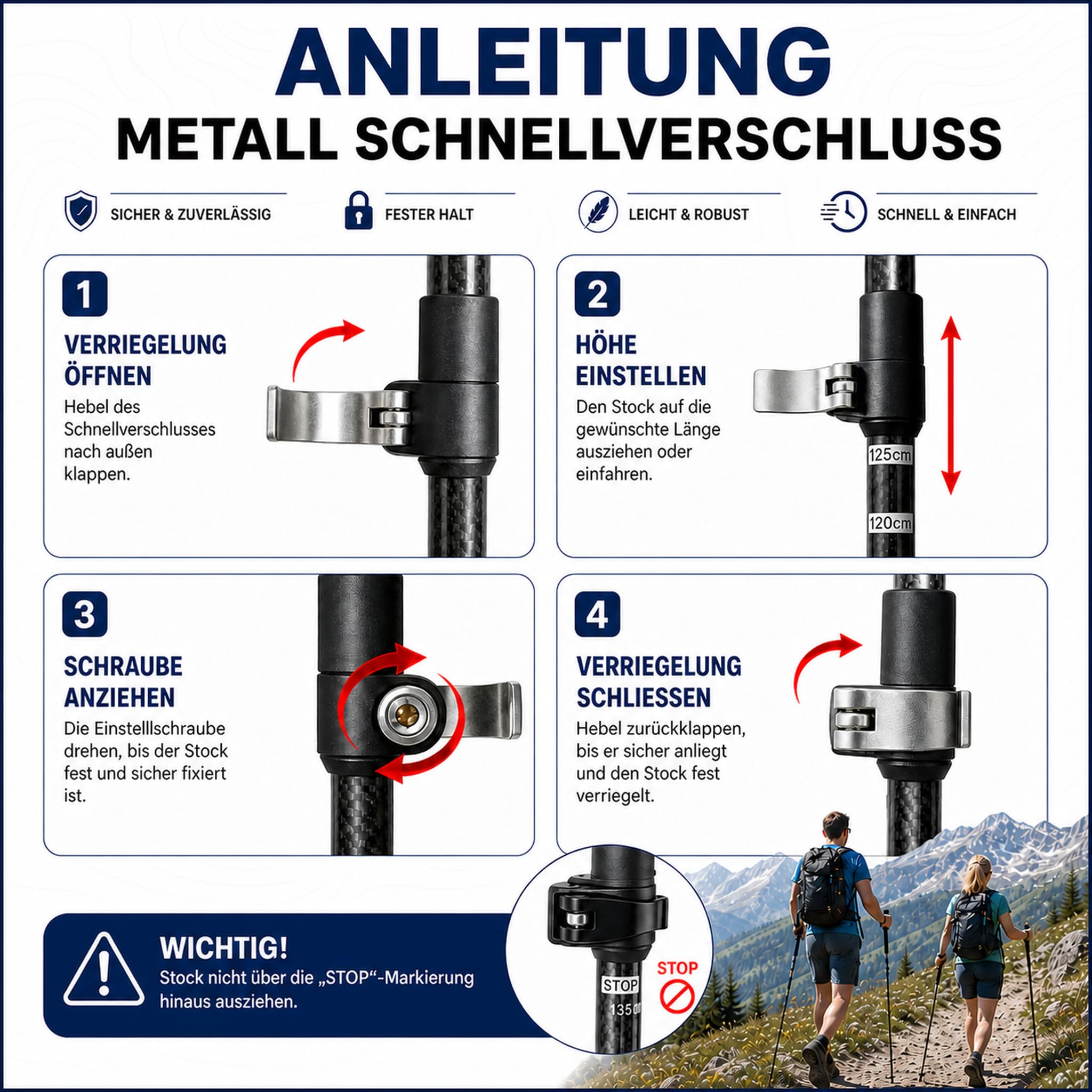 Faltbare Wanderstöcke 2 Stück aus Flugzeugaluminium mit Fliplocks | Leichte Trekkingstöcke mit Anti-Schock-System, Korkschaumgriffen & Zubehör für Wandern, Trekking, Camping und Reisen