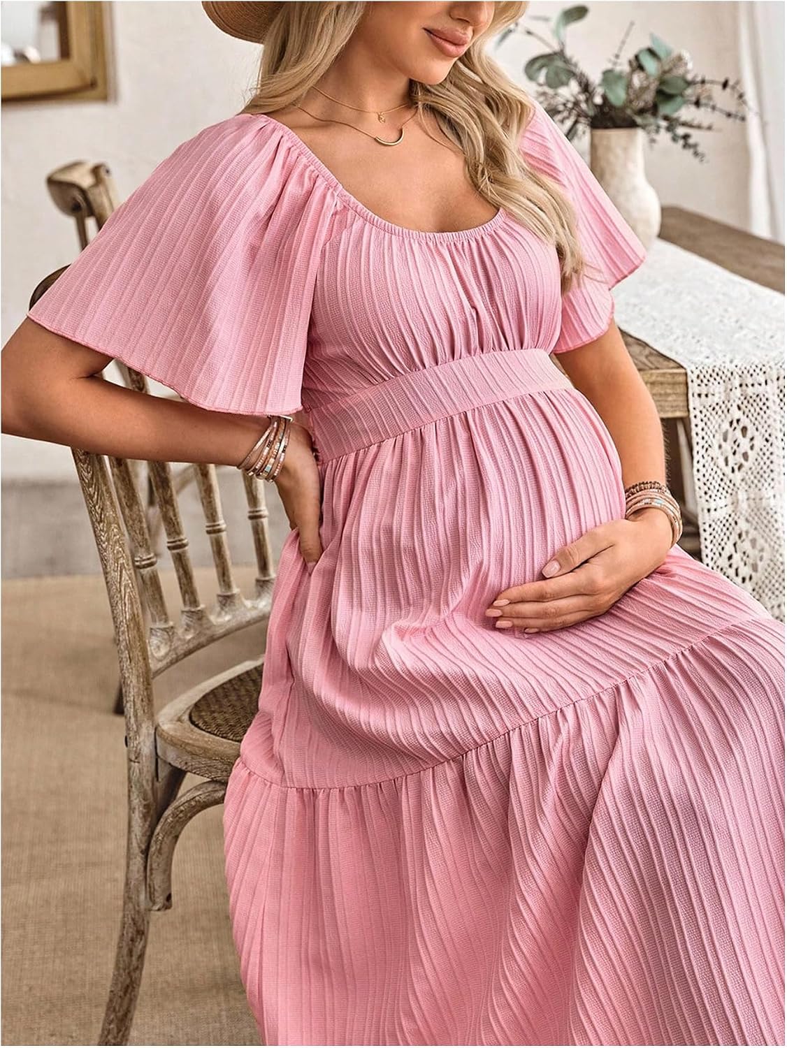 OYOANGLE Women's Maternity Dress for Baby Shower Scoop Neck Short Sleeve Ruffle A Line Long Dress