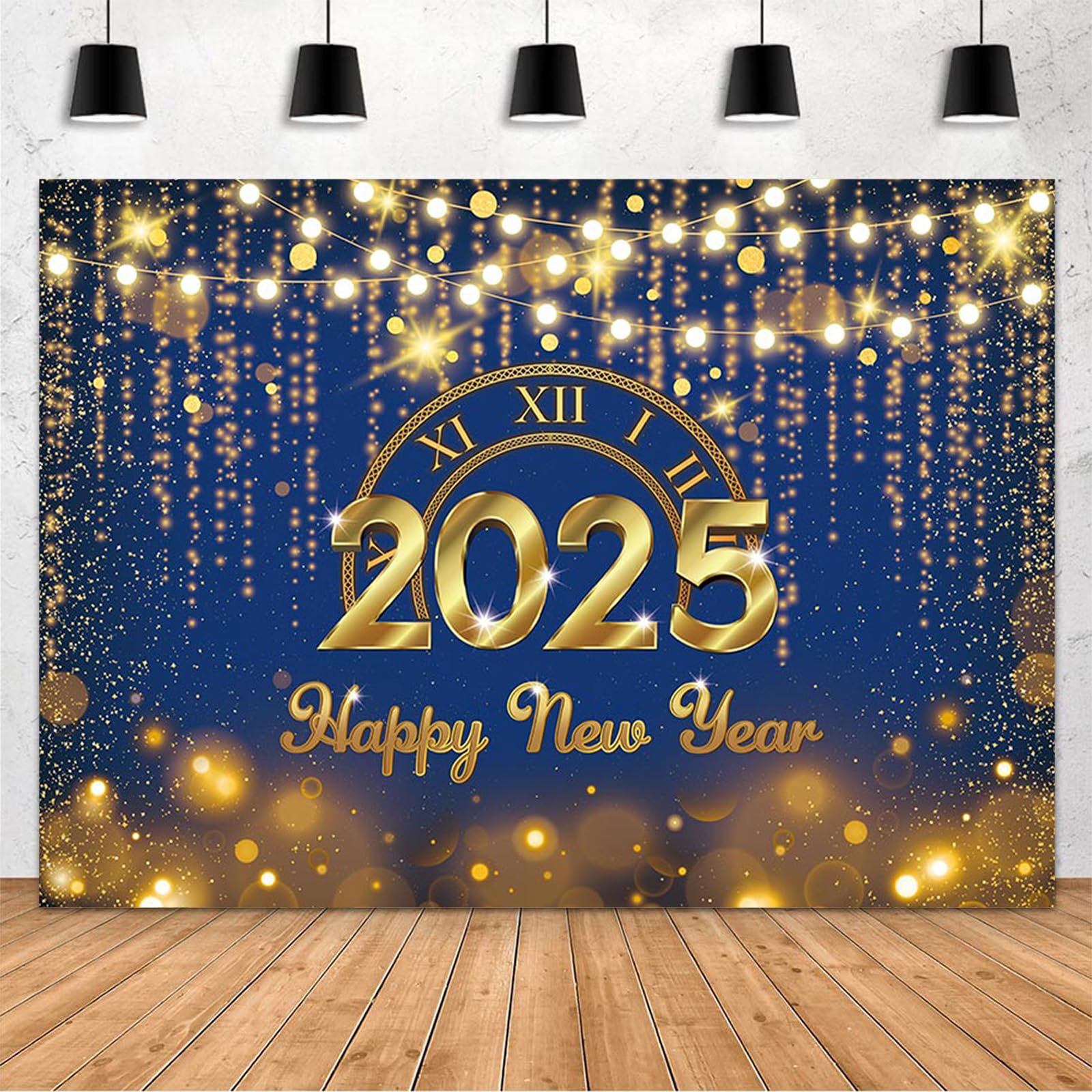 MEHOFOND Blue and Gold Happy New Year Backdrop Countdown Party Hello 2025 Gold Bokeh Glitter Dots Shiny Lights Photography Background Cheers to The