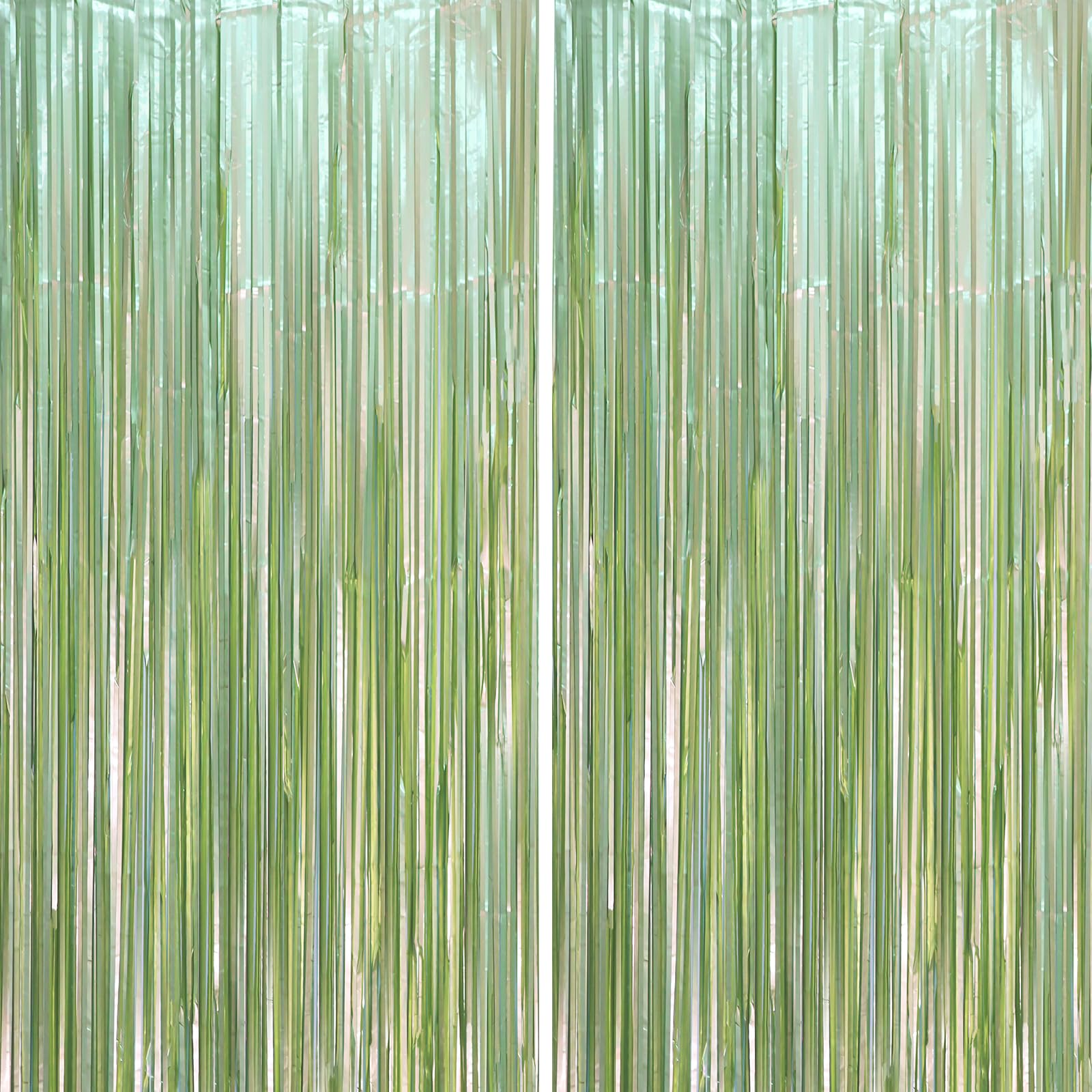 Voircoloria Light Green Foil Fringe Backdrop Curtains,3.3x6.6ft, 2 Pack | Tinsel Streamers, Door Shimmer, For Baby Shower, Birthday Party Decorations, Graduations, Gender Reveal