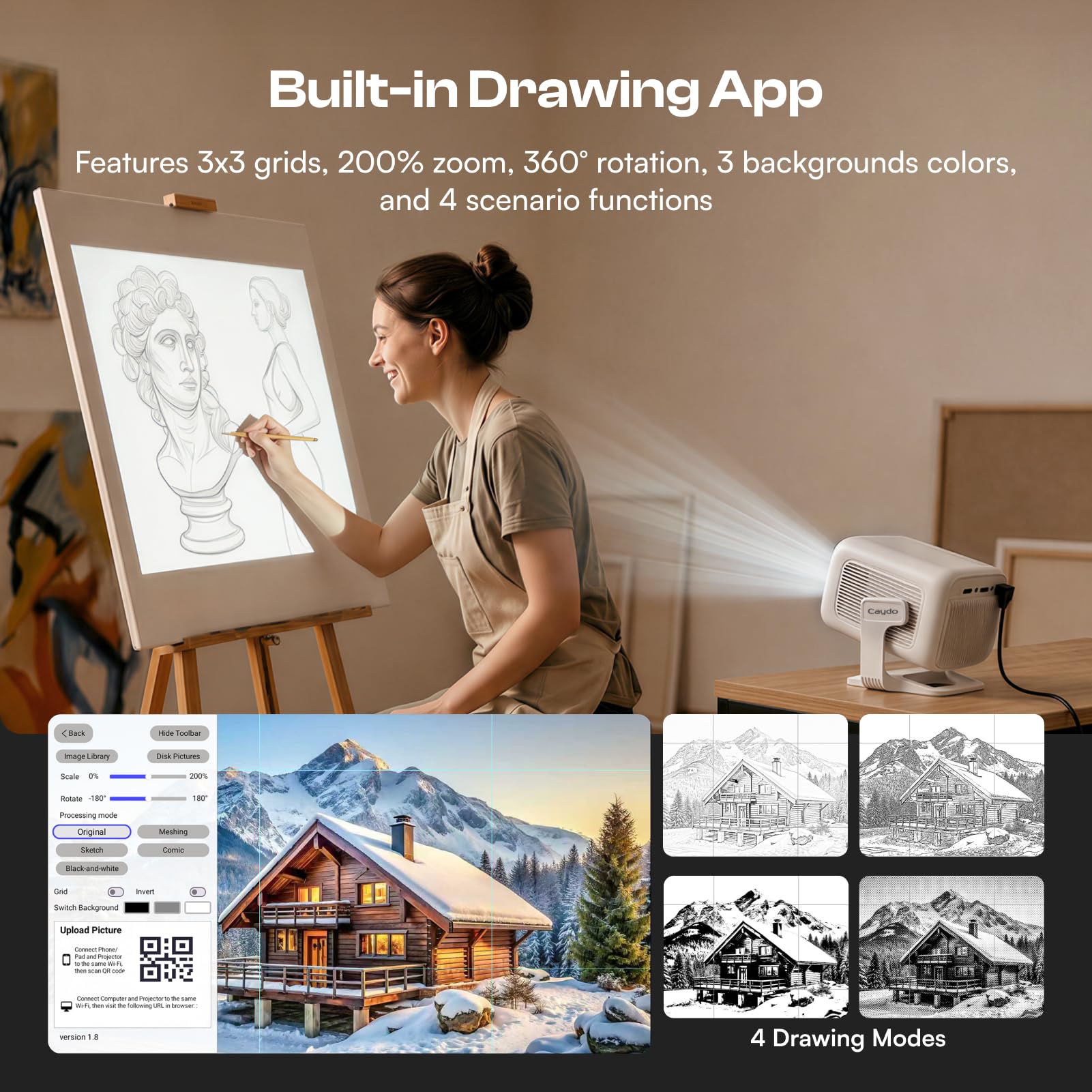 Proiettore artistico Caydo P2, proiettore da disegno nativo 1080P | App di disegno esclusiva integrata per artisti, messa a fuoco automatica e correzione trapezoidale, proiezione da 40″ a 100″