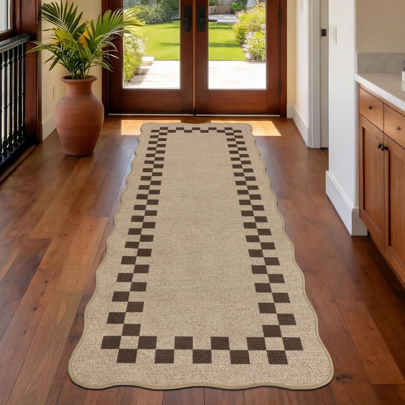 GEANUP Runner Rugs for Hallway Non Slip 60x180cm, Modern Washable Jute Look Kitchen Runner Rug, Brown Checkered Woven Absorbent Carpet Floor Mat for Entryway Bedroom Corridor Hall Balcony