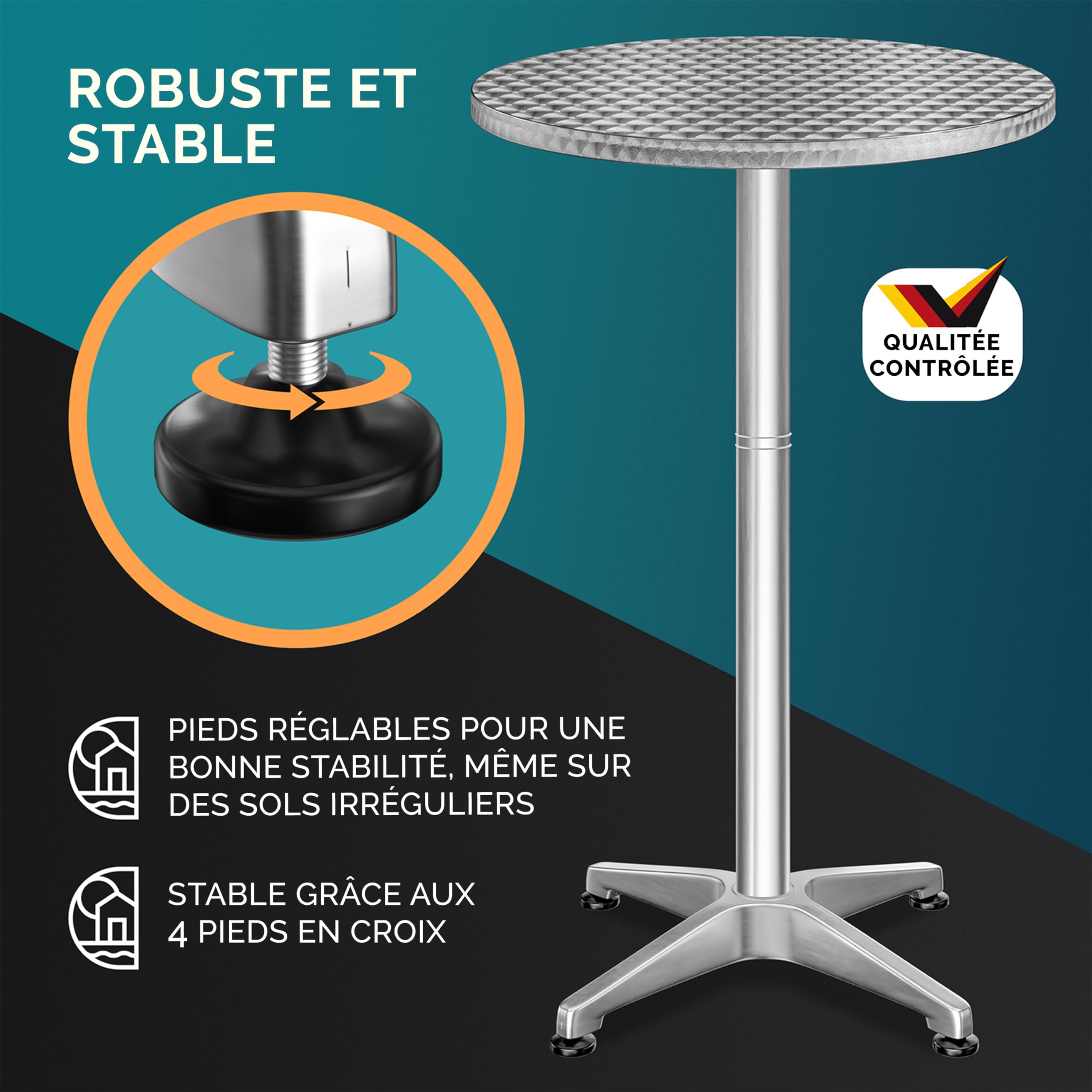 Casaria® Table Basse 2 en 1 - Set de 2 Tables à Manger Ajustables, Aluminium et Acier Inoxydable, Plateau Rond 60 cm, Hauteur 70-115 cm, Intérieur/Extérieur, Stable et Polyvalente