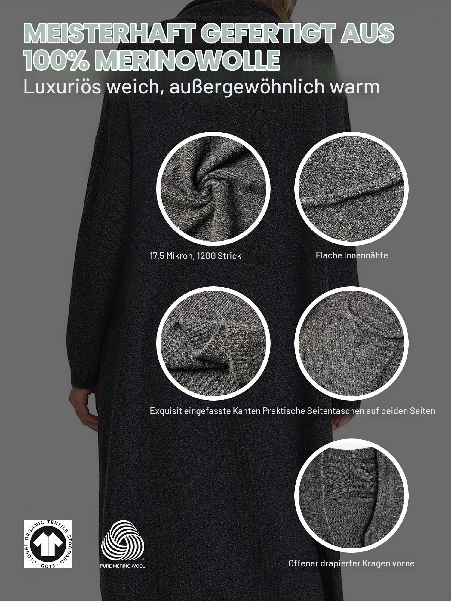 Damen 100% Merinowolle Lange Strickjacke Offenem Vorderteil