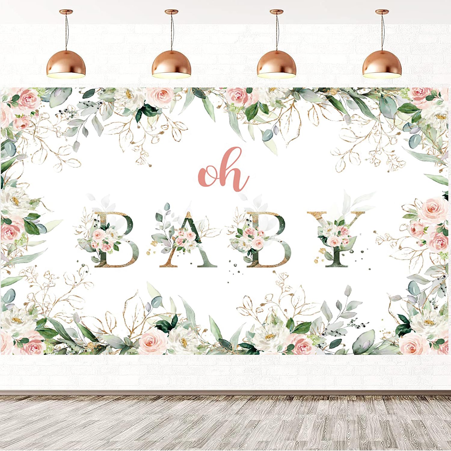 3.6x3m Telón de Fondo Baby Shower Oh Baby Girl Blush Pink y Oro Floral Verde Hojas de eucalipto Fotografía de Fondo recién Nacido Baby Shower Cumpleaños Decoraciones Banner Photo Booth Props