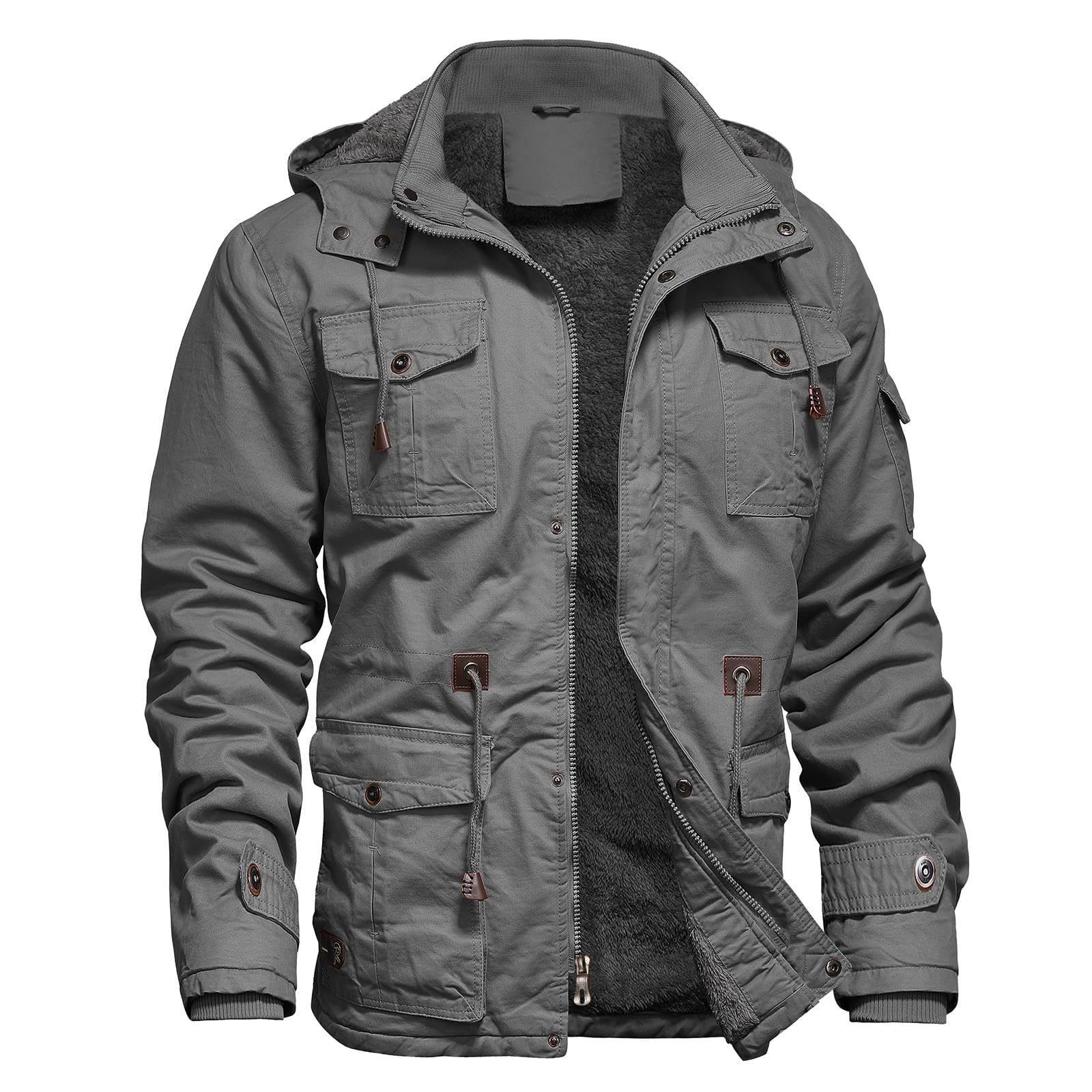 Mens Jacket Winter Casual Fleece Lined Cotton Thick Military Tactical Hooded Work Coats with Cargo Pockets