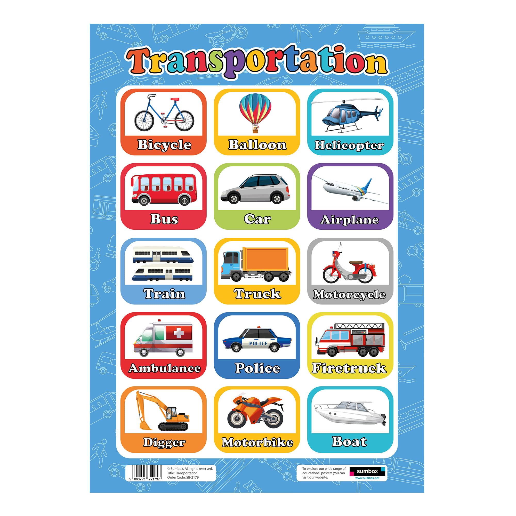 Sumbox Transportation Educational Poster A3 Size Early Years Learning Wall Chart Vehicles Display