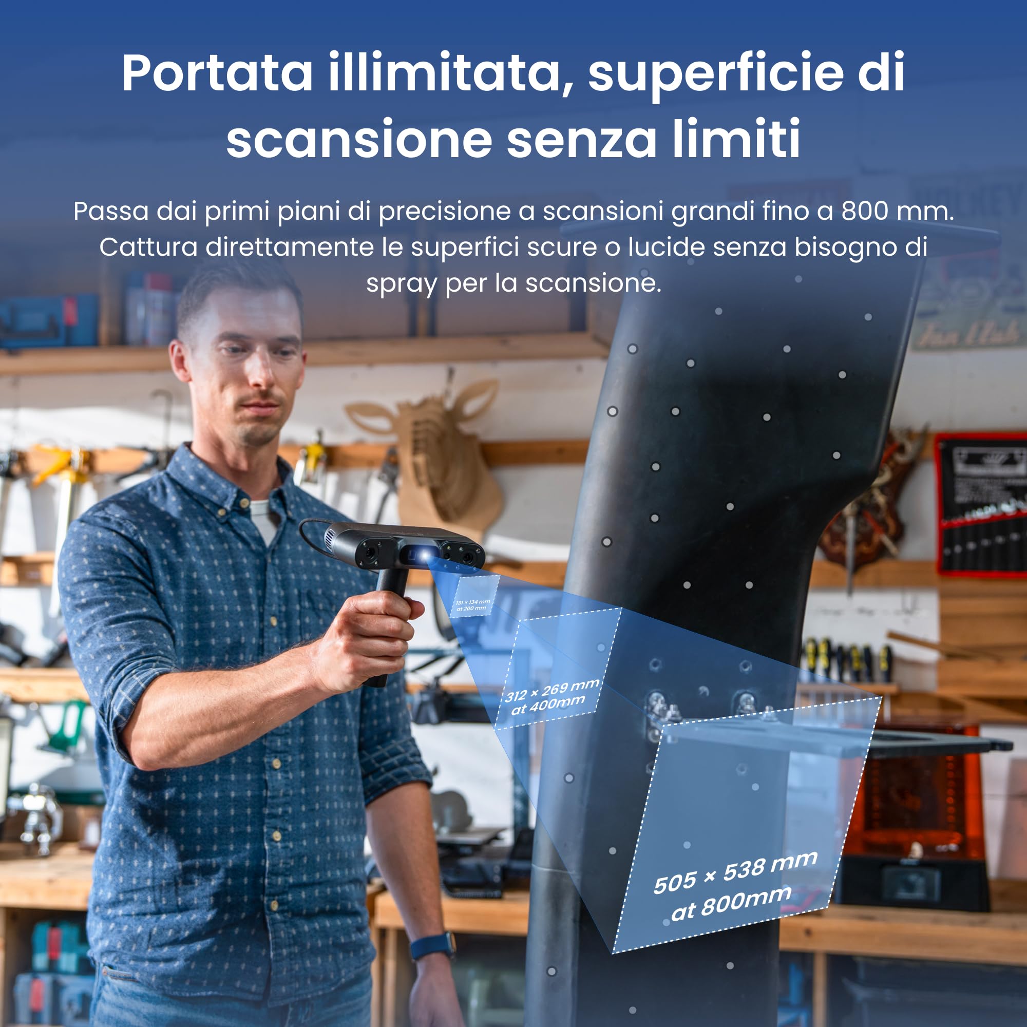 Revopoint Scanner 3D POP 4, laser blu,precisione 0,03 mm,105 fps, analisi AI e modellazione 3DGS, 5 modi di scansione, tracciamento anti-vibrazione, uso in esterna, WiFi 6, per stampa 3D, standard