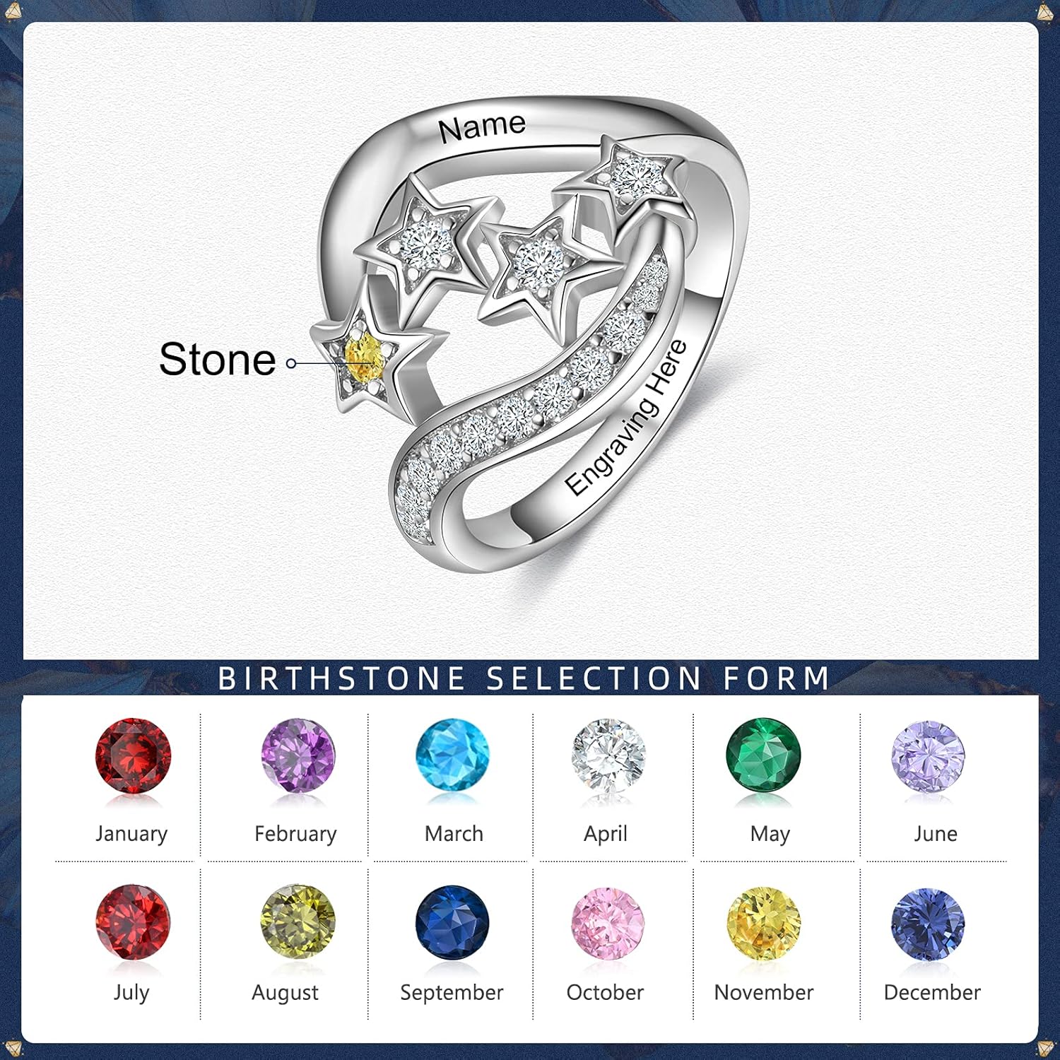 Sterling Silver Personalized Mothers Ring with Birthstones Engraved Names Star Promise Ring for Women Grandma Mom Wife Jewelry Gifts Birthday Mothers Day