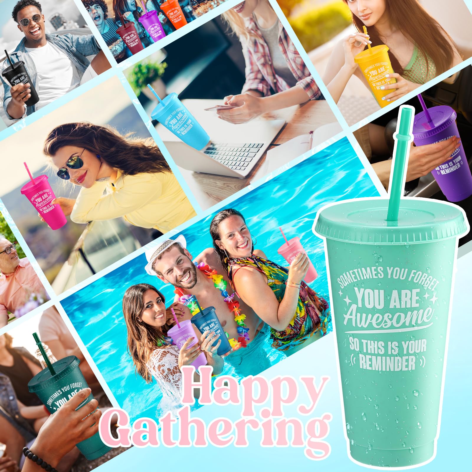 Lot de 100 tasses à café en plastique avec couvercles et paille « Thank You Are Awesome » – Gobelets réutilisables avec couvercles et paille – Cadeau inspirant pour collègue, enseignant, collègue,