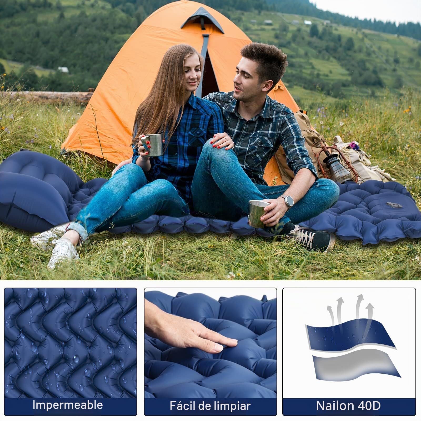 Esterilla Camping Autoinflable, Espesar Colchoneta Camping Hinchable con Almohada, Ultraligero Colchon Hinchable Camping con Bomba de Pie, para Viajes, Exteriores, Senderismo, Playa