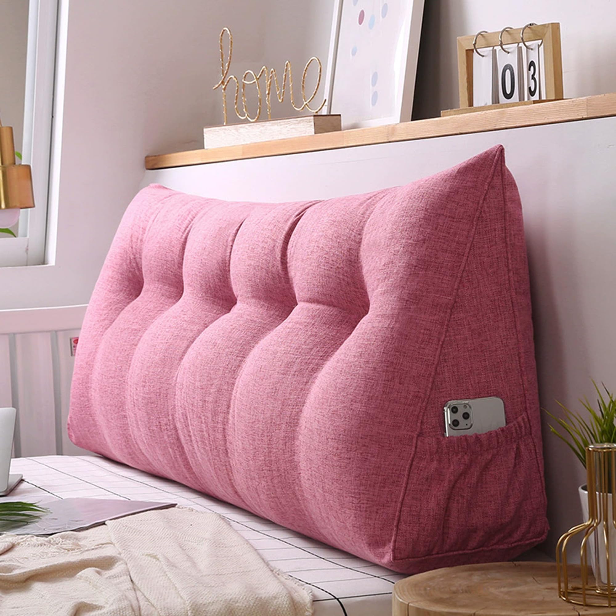 Hruile Triangular Headboard Cushion, Headboard Bolster Support Pillow, Backrest Wedge Reading Pillow with Side Pocket, Sofa Bed Positioning Back Lumbar Support Cushion (80x50x20cm,Pink)