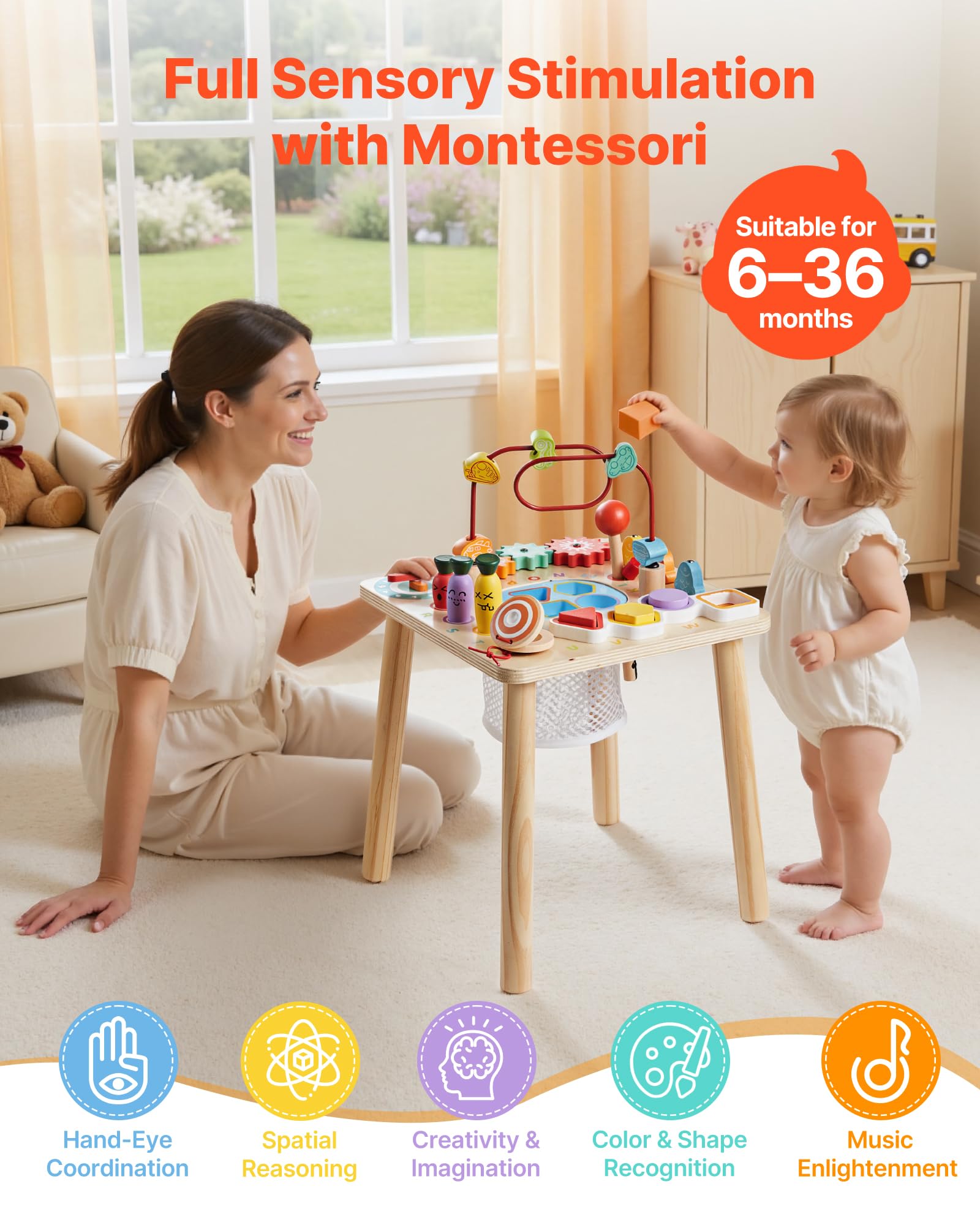 VEVOR Holz Aktivitätstisch, Montessori Spielzeug, 8-in-1-Lerntisch, Spieltisch Aktivitätstisch für Kinder ab 6 Monaten, Geburtstag, Weihnachten oder Kindertag, 6-36 Monate