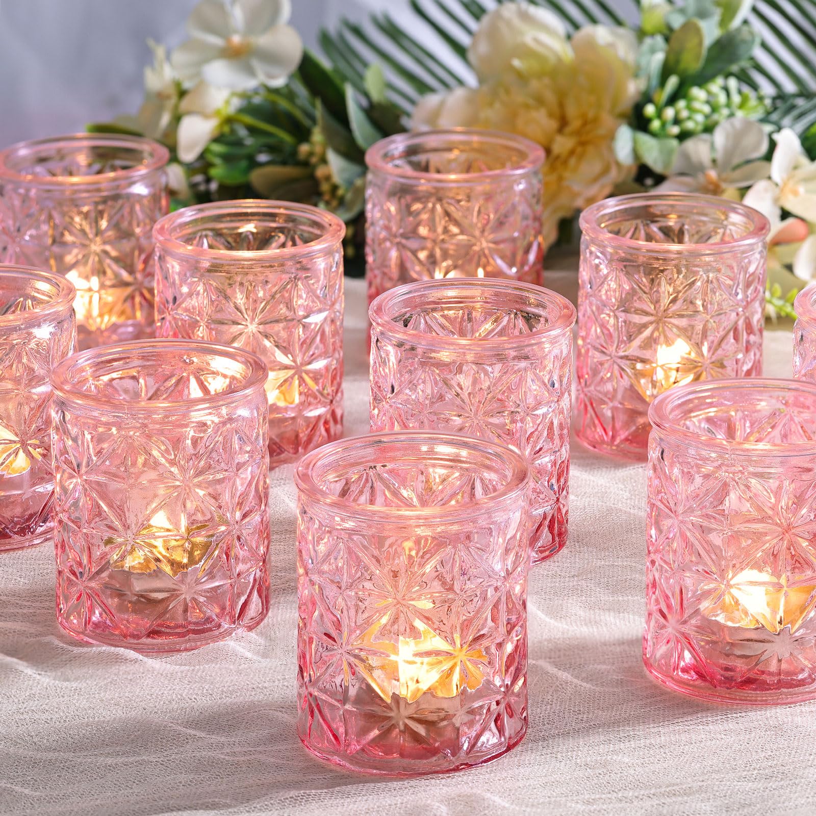 Auzritek Lot de 12 Photophore Verre, pour la Décoration De la Maison Bougeoir Verre, Photophore Bougie Rose, Décoration Idéale pour Dîner, Mariage, Fête, Noël, Nouvel an, Thanksgiving