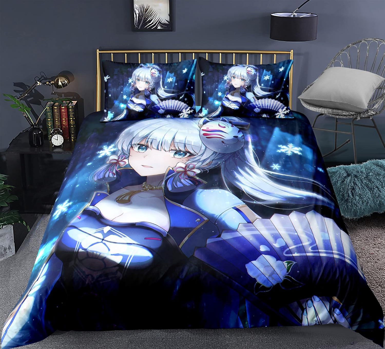 アニメ3d漫画布団カバーセット Genshin Impact Kamisato Ayaka 家庭用樽寝具セット 柔らかい軽量のマイクロファイバー1羽毛 布団カバーと2つの枕カバー Size Eu King 240 2cm 寝具カバーセット サイズ Au Double 180x210cm