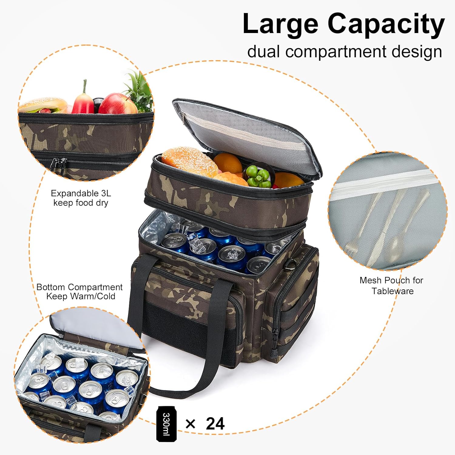 Tactical Lunch Box for Men, Insulated Bag Adult, Thermal Lunchbox Leakproof Waterproof Cooler Bag, Dual Compartment tote, Large Pail Work Office Camping Travel(Black Camo) - Image 2