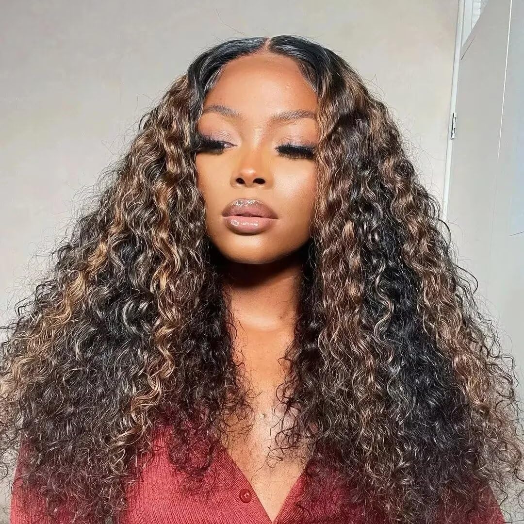 #1B/27 Ombre Highlight HD Lace Front Wig Deep Wave Human Hair Pre Plucked Bleached Knots Honey Blonde Balayage Colored Brazilian Remy Curly Wigs with Baby Hair For Woman 180% Density 18Inch