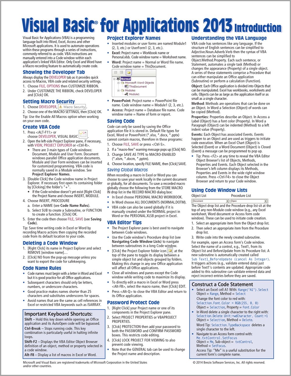 Visual Basic for Applications (VBA) 2013 Quick Reference Guide: Introduction (Cheat Sheet of Instructions, Tips & Examples - Laminated)