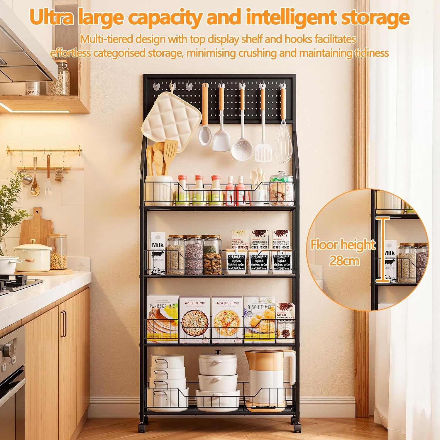 4/5 Tier Retail Snack Display Rack, Black Metal Candy Storage Shelf Cart with Wheels & 15 Hooks Heavy-Duty Potato Chip Organizer Stand for Supermarket, Grocery, Store, Home Black Four Layer
