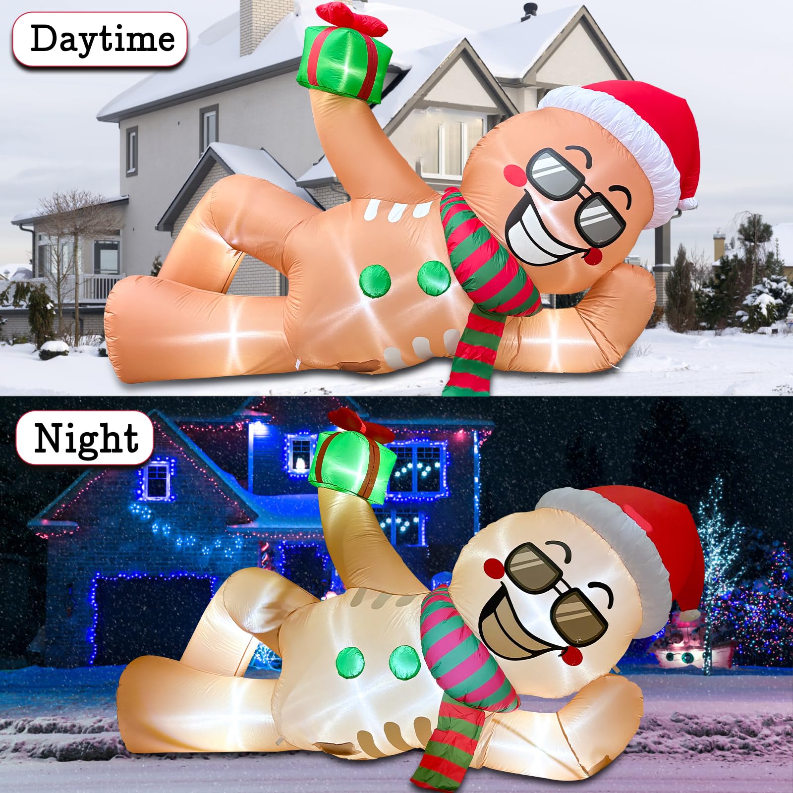 Bonhomme en pain d'épice gonflable géant de 2,8 m - Décoration d'extérieur - Bonhomme en pain d'épice endormi géant avec lumières LED pour avant-toit, extérieur, jardin, pelouse, Noël, hiver