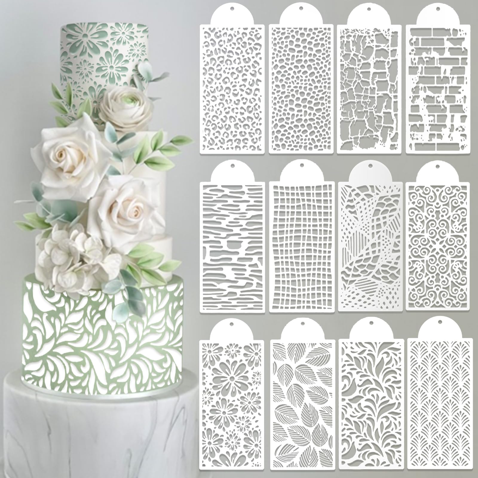 12 Pcs Cake Stencils Cake Templates Set Floral Leaf Leopard Print Lace Irregular Geometry Wedding Icing Stencils Cake Molds Cookie Dessert Buttercream Decorating Baking Supplies Mesh Printing for Cake