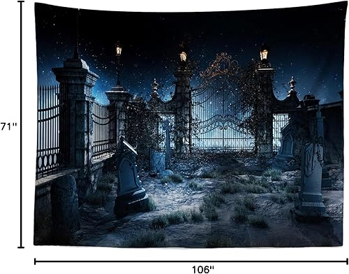 Miniatura 8 de BELECO Telón de fondo de tela de 10 x 8 pies para cementerio de Halloween, espeluznante noche de estrellas, cementerio gótico antiguo con puertas de