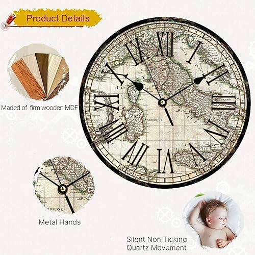 Miniatura 3 de Vrurinss Reloj de pared de madera de geografía de la Tierra reloj de madera silencioso sin tictac mapa mundial números romanos aventurero hogar