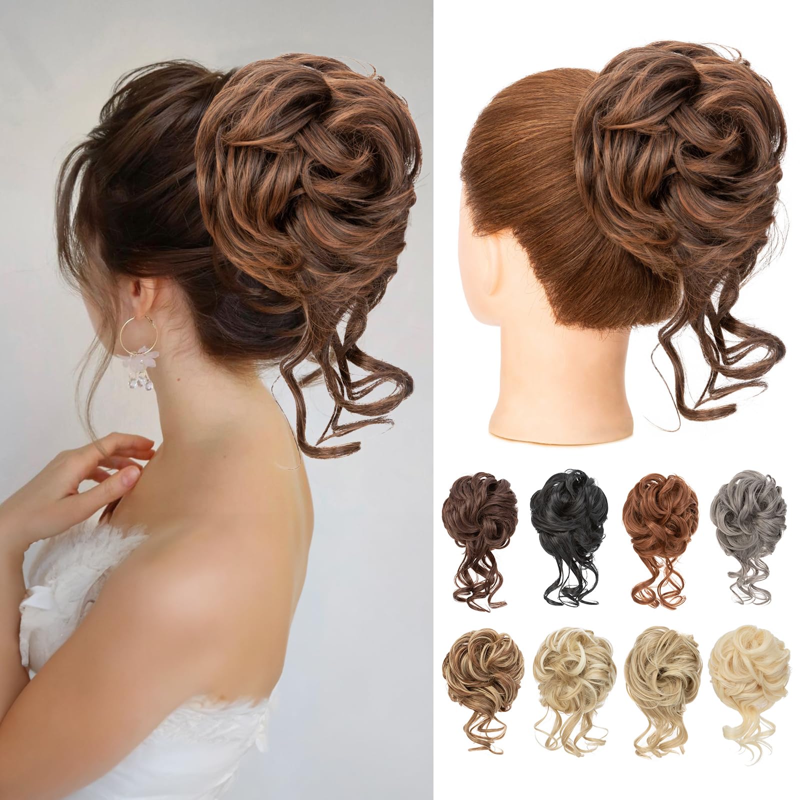 Benehair Messy Bun Hair Piece Claw Clip Wavy Curly Hair Bun Extensions Synthetic Hair Bun Donut Accessories Scrunchies Hair Pieces for Women(Dark Brown mix Light Brown