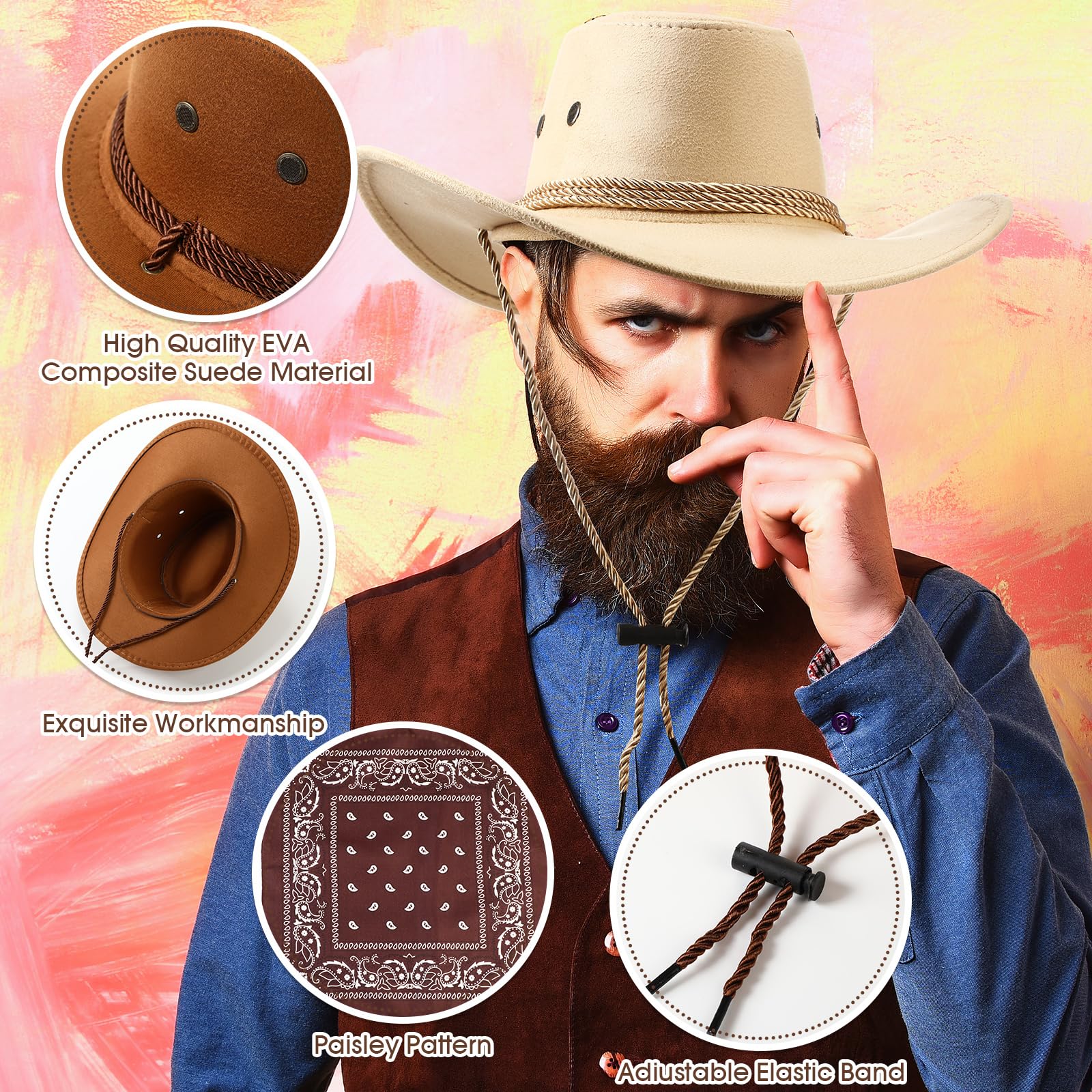 Coume 20 cappelli da cowboy e bandane, per adulti, per feste in costume, rodeo, feste di compleanno, per uomini e donne