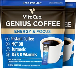 VitaCup Genius Instant Coffee Packets, Increase Energy & Focus, Keto Coffee, Serve Hot or Cold Brew, MCT Oil, Turmeric, B Vitamins, D3, Bold & Smooth,100% Arabica Coffee in Single Serve Sticks, 48 Ct
