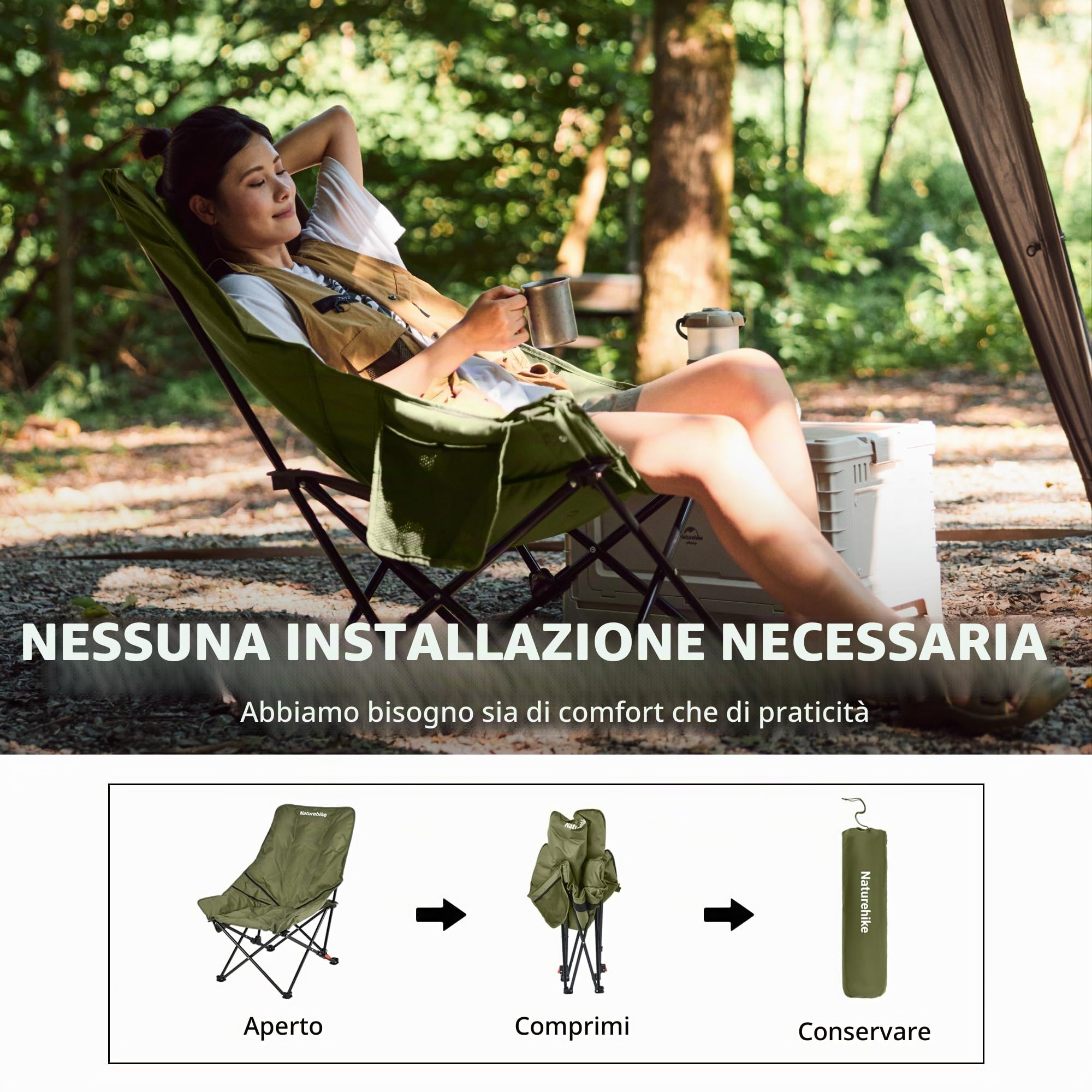 Naturehike Sedie da campeggio di lusso per adulti, portatili, resistenti, con schienale alto, sovradimensionate, pieghevoli, comode, imbottite, 3 cm, caricabili, 120 kg, campo regolabile (verde)
