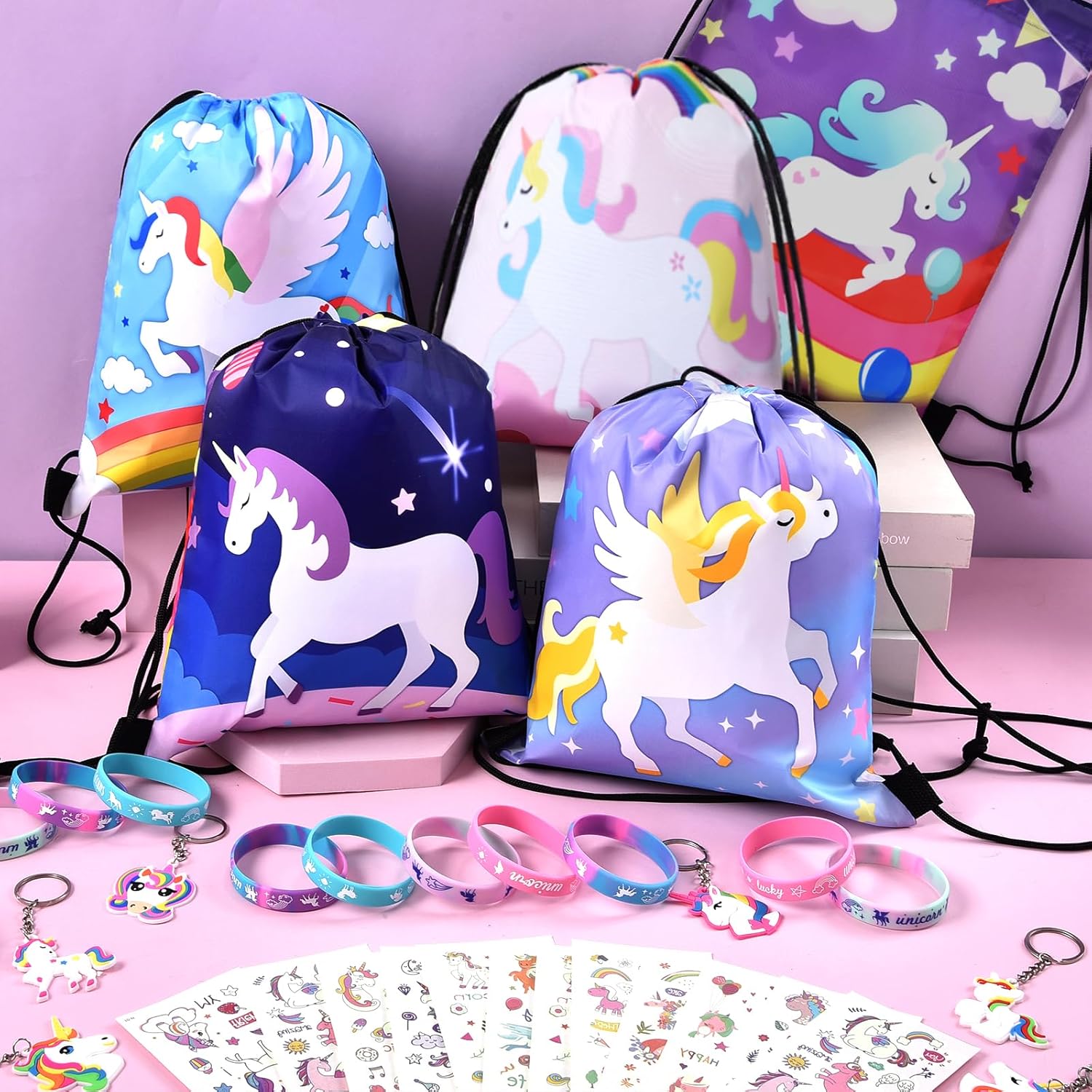 Winrayk 12 Sets Unicorn Party Favors Birthday Supplies for Girls, Drawstring Bag Glow Tattoo Sticker Silicone Bracelet Keychain, Goodie Bag Stuffer Filler Kids Rainbow Unicorn Party Supplies Decor