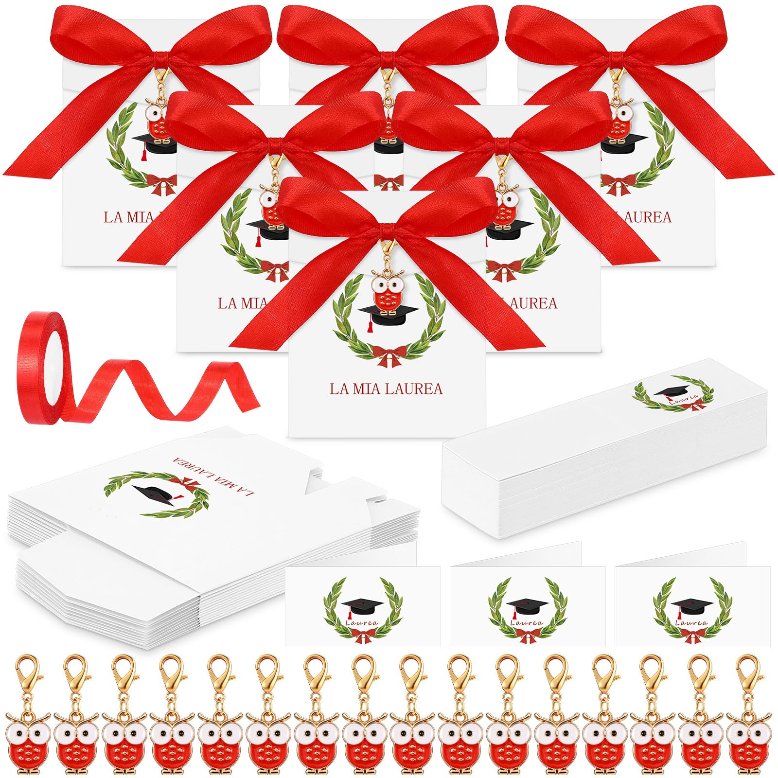 BBTO 50 Set Bomboniere Laurea per Festa con Scatoline Portaconfetti La Mia Laurea Portachiavi Gufo Portafortuna Bigliettini Nastro Rosso per Ospiti Cerimonia Festa Decorazioni Gadget Regalo