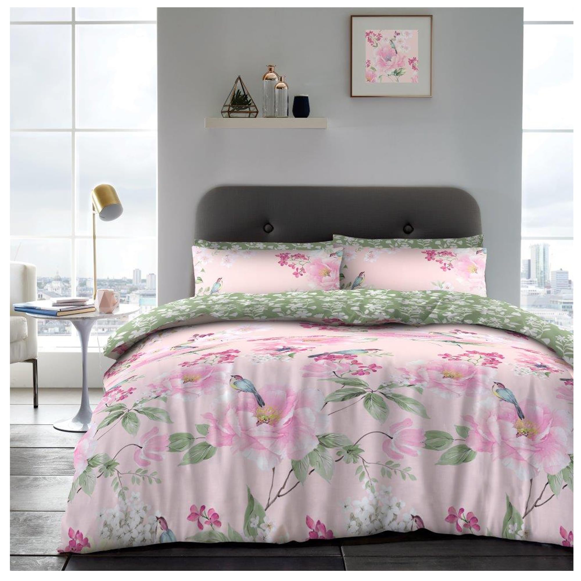 Lions Complete Bedding Set - 4 Pcs Red Floral Printed 1x Double Duvet Covers with 1x Fitted Sheets 2x Pillowcase Reversible Soft Poly Cotton Quilt Covers Bed Girls Women