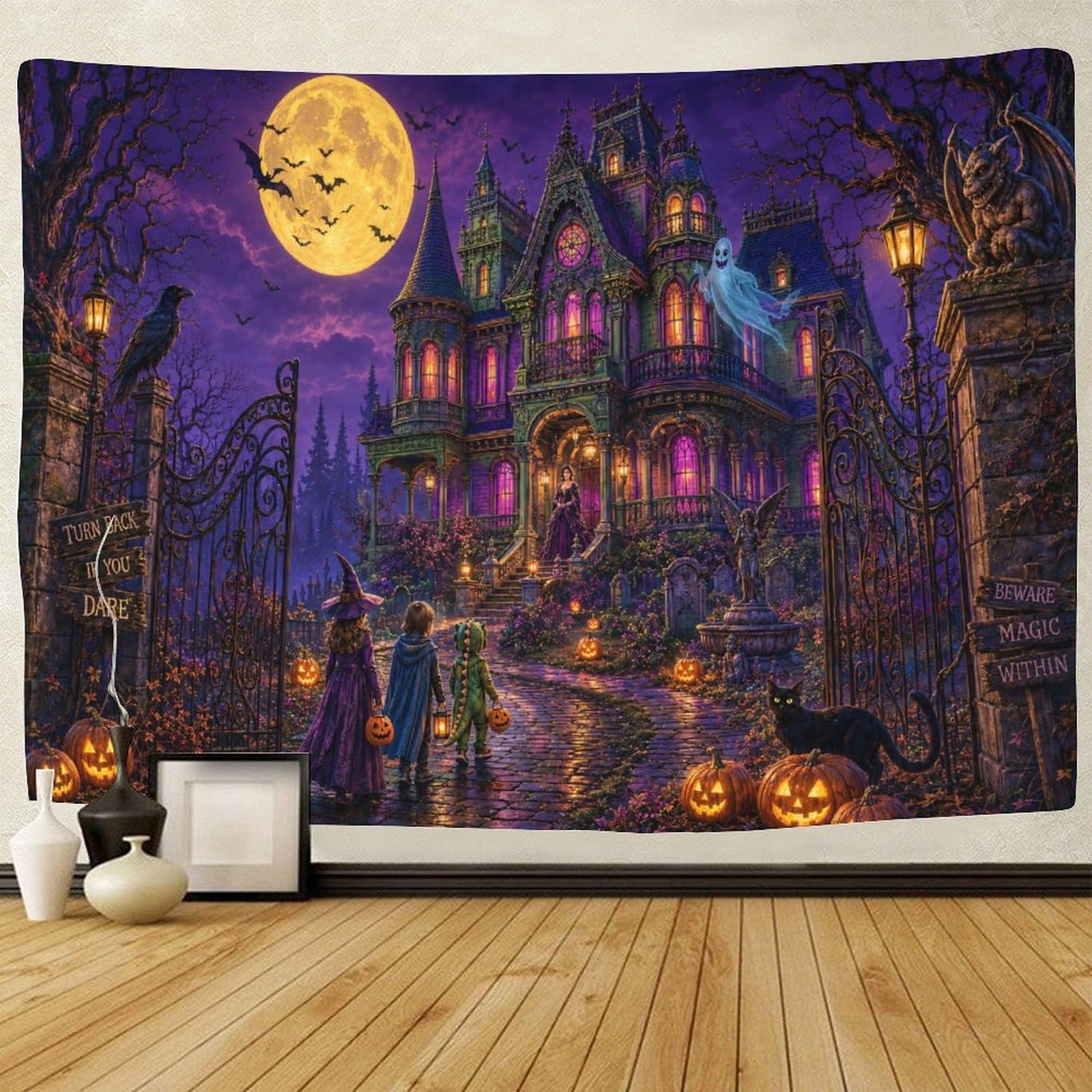 GPMNBCXZK Gothic Halloween Haunted House Wall Tapestry 3D Print Wall Hanging Decor Horror Tapestries Poster Home Decoration Living Room Dorm 150cmx200cm